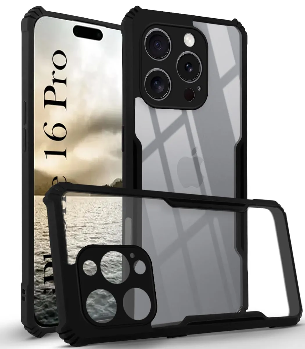 Color Pattern Luxury Edge Texture For Apple iPhone 16 Pro Back Cover Case ( Polycarbonate Clear Panel with Shockproof | Black)