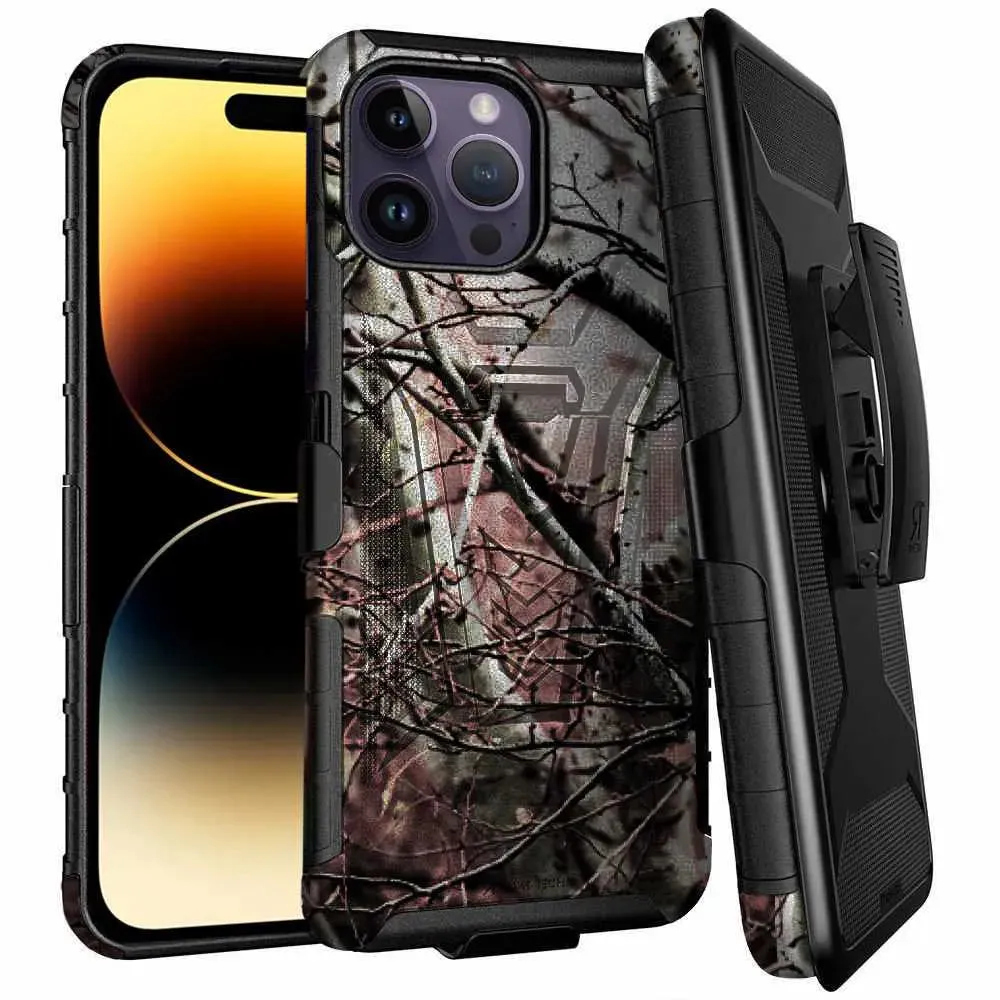 Apple iPhone 14 Pro Dual-Layer Holster Case with Kickstand Drop Defense Refined Shield