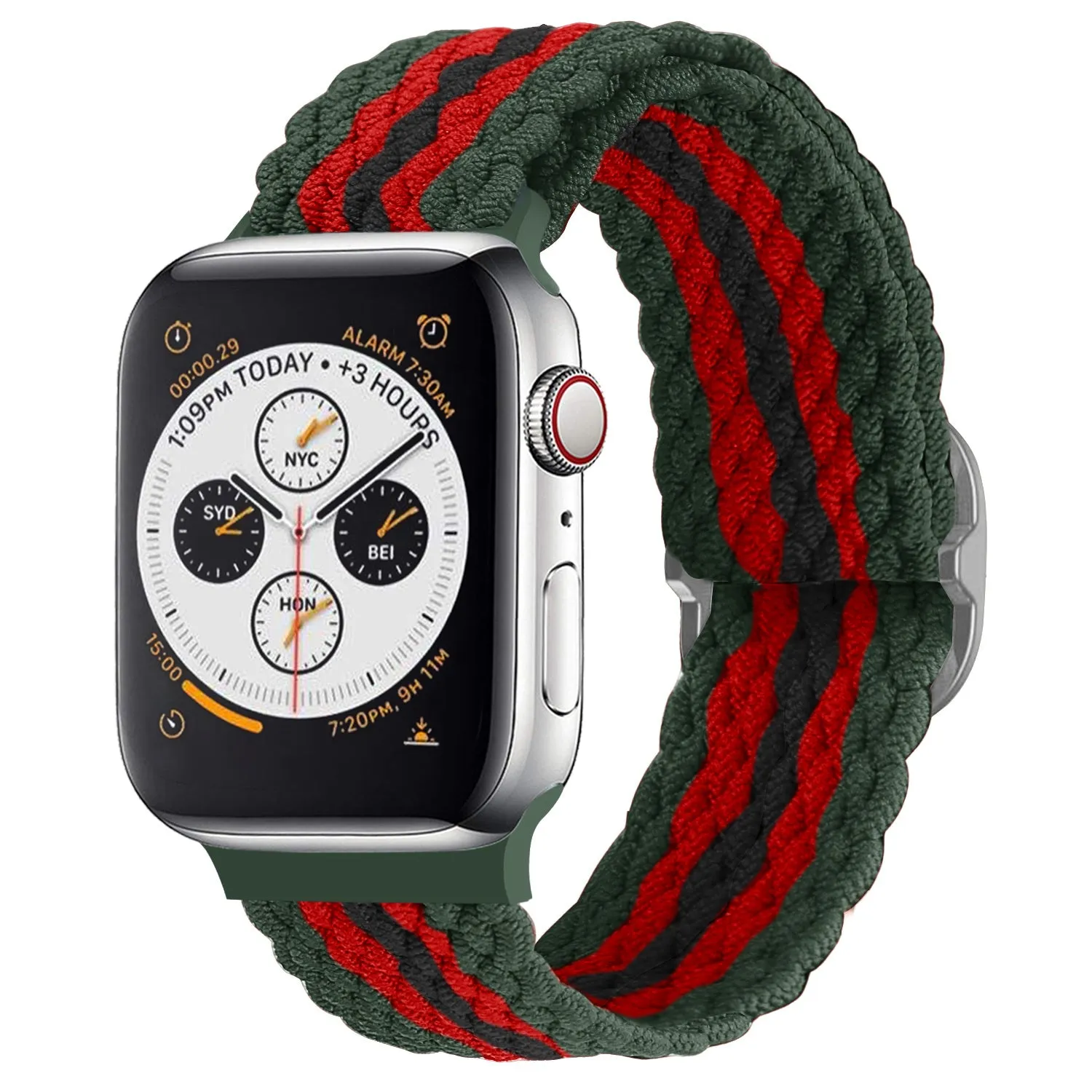 Sporty Band Apple Watch Braided Nylon Strap (Red/Black/Green)
