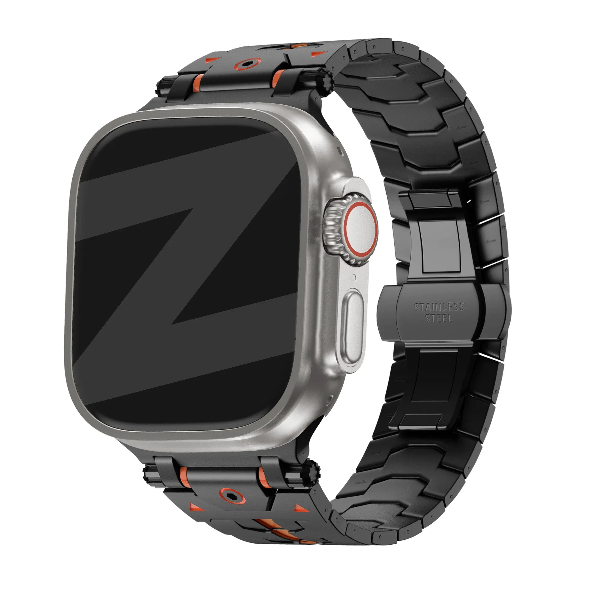 Bandz Apple Watch Metal Grain Strap 'Deluxe' (Black/Orange) Lightweight Feel Outdoor Ready Style