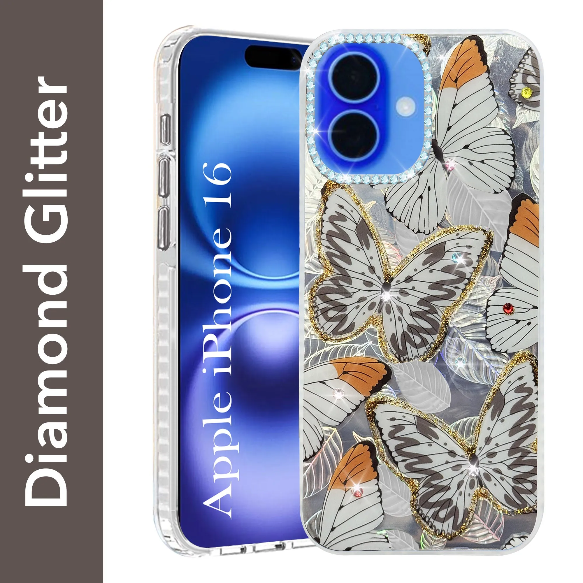 For Apple iPhone 16 Back Cover Case (Luxury Floral Glitter Cute Butterfly | Diamond Studded Camera Bump | Girls & Women Design) Compact Shape