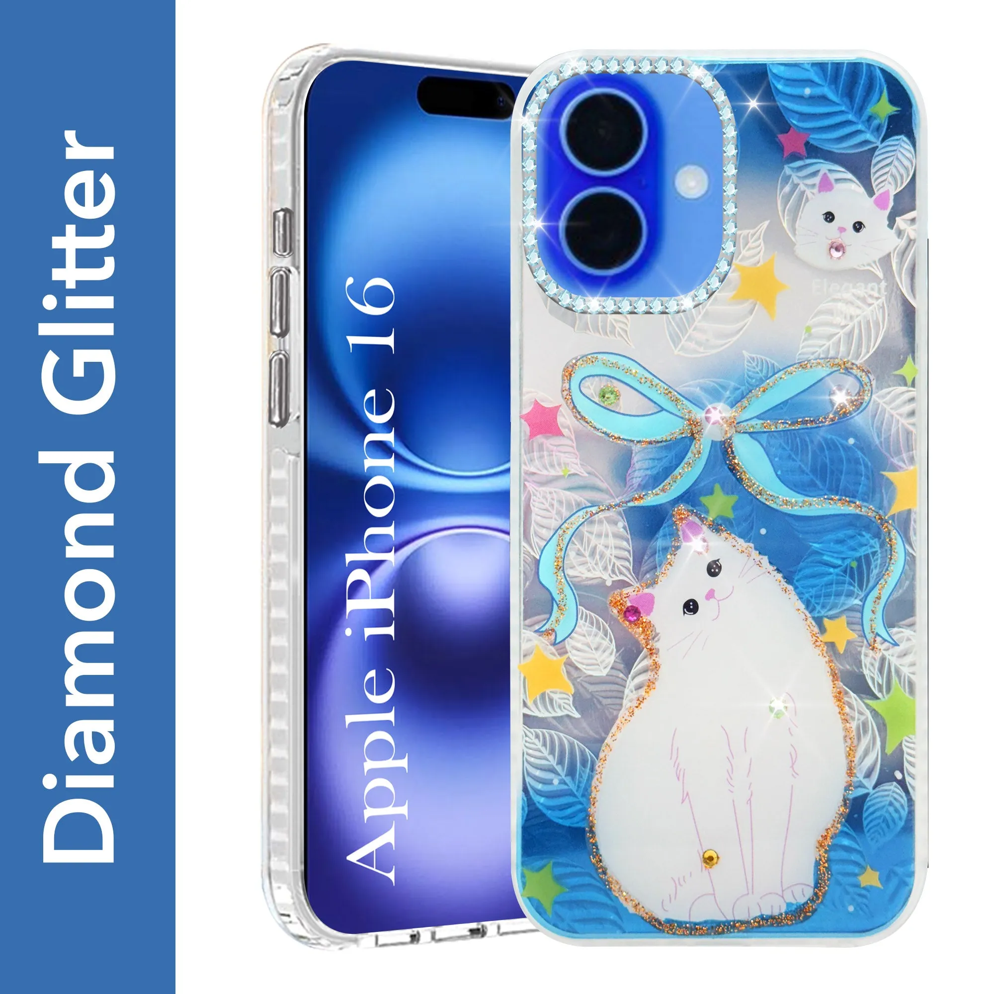 For Apple iPhone 16 Back Cover Case (Luxury Floral Glitter Cute Butterfly | Diamond Studded Camera Bump | Girls & Women Design) Modern Grip Texture Impact Resistant