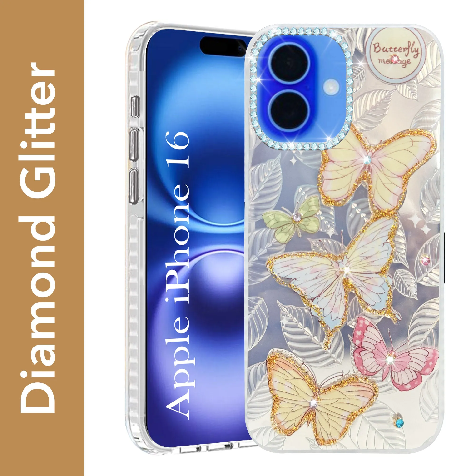 For Apple iPhone 16 Back Cover Case (Luxury Floral Glitter Cute Butterfly | Diamond Studded Camera Bump | Girls & Women Design) Color Accent