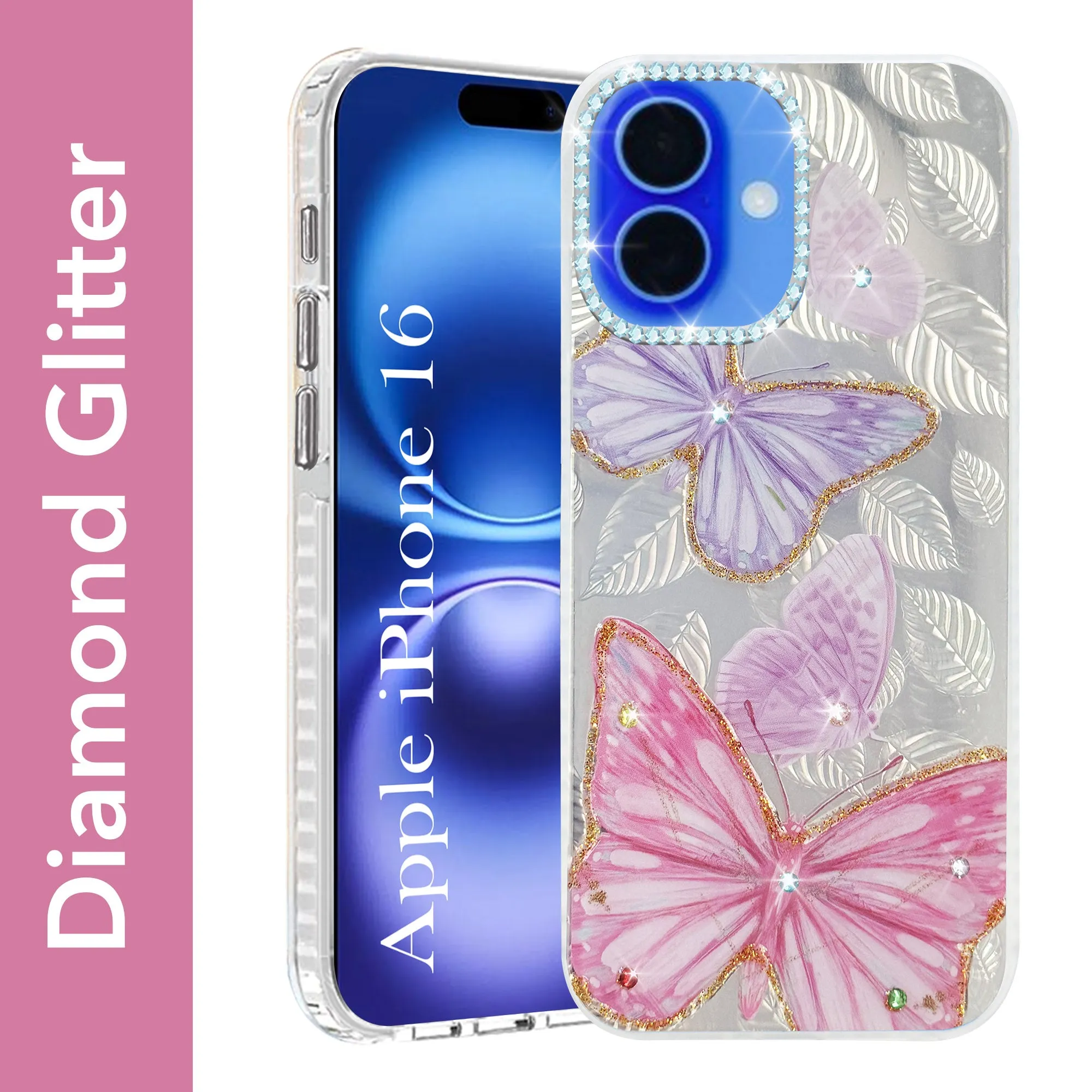 Light Touch Protective Shell Design For Apple iPhone 16 Back Cover Case (Luxury Floral Glitter Cute Butterfly | Diamond Studded Camera Bump | Girls & Women Design)