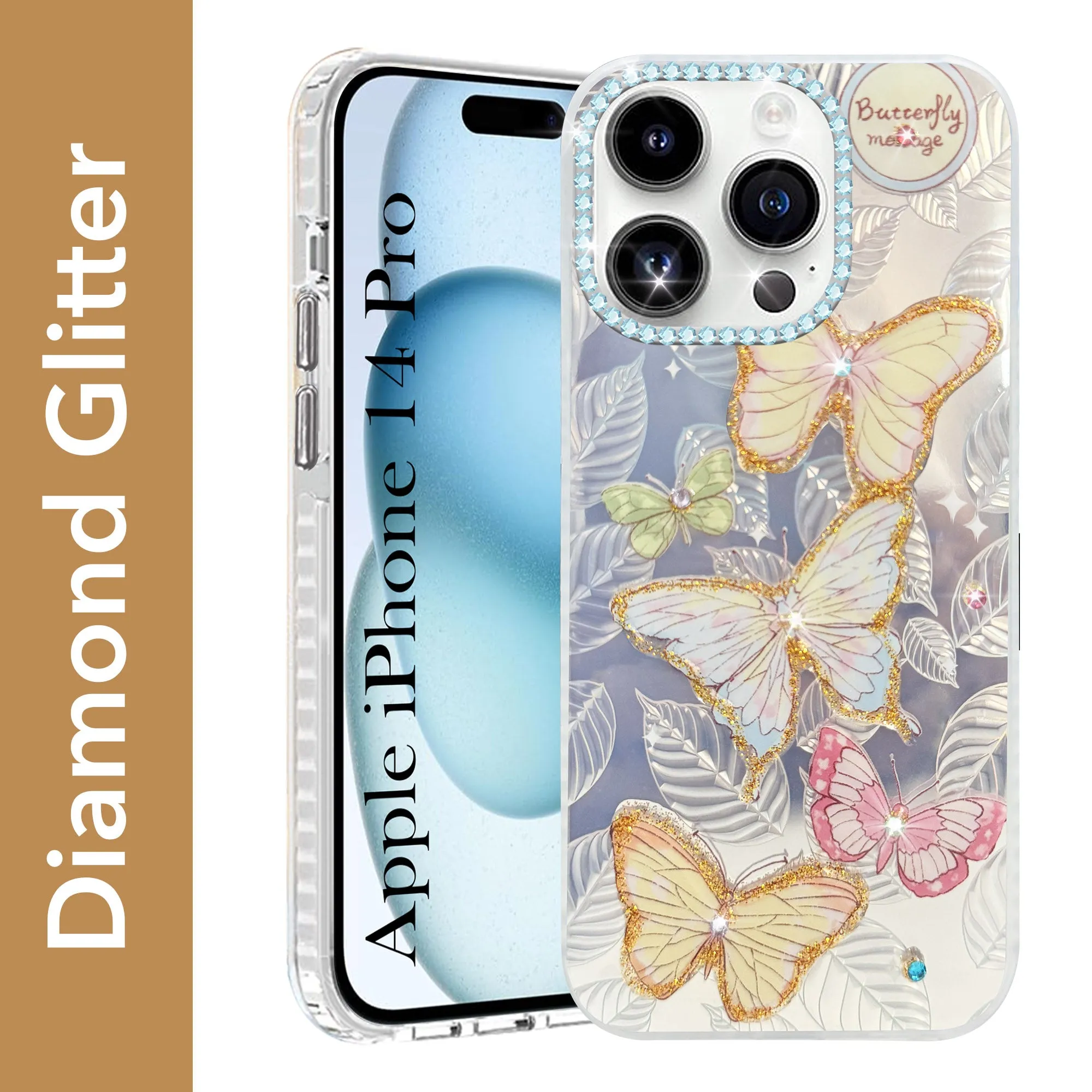 Polished Style Unisex Design For Apple iPhone 14 Pro Back Cover Case (Luxury Floral Glitter Cute Butterfly | Diamond Studded Camera Bump | Girls & Women Design)