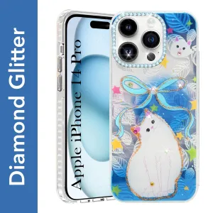 For Apple iPhone 14 Pro Back Cover Case (Luxury Floral Glitter Cute Butterfly | Diamond Studded Camera Bump | Girls & Women Design) Soft Grip Layer Comfort Style