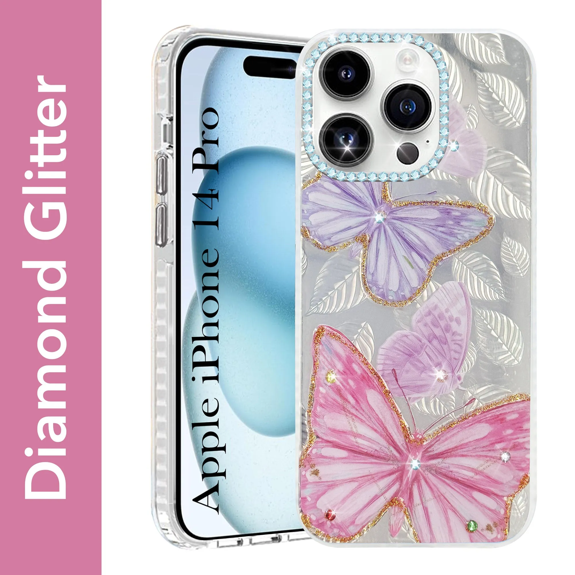 For Apple iPhone 14 Pro Back Cover Case (Luxury Floral Glitter Cute Butterfly | Diamond Studded Camera Bump | Girls & Women Design) Stylish grip