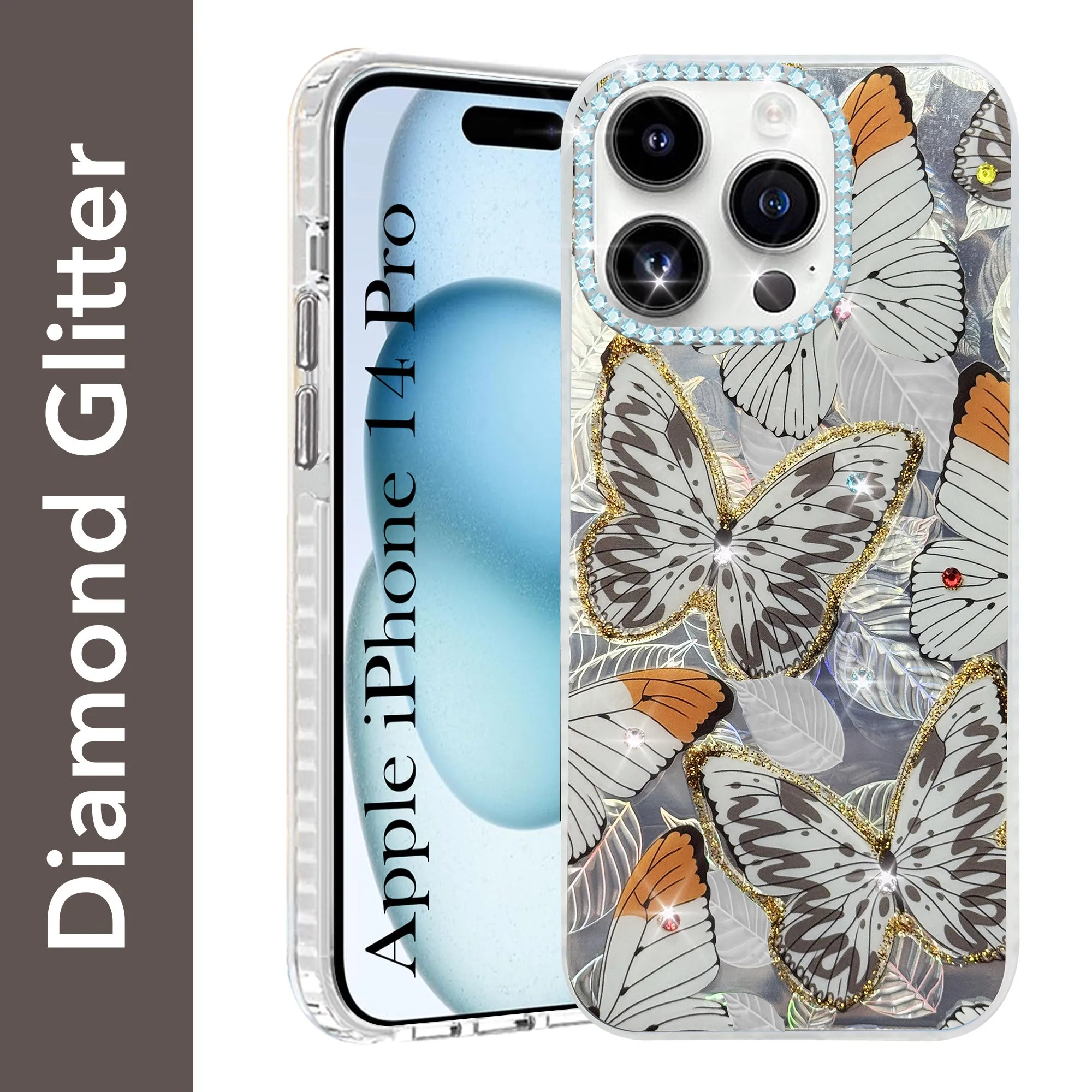 For Apple iPhone 14 Pro Back Cover Case (Luxury Floral Glitter Cute Butterfly | Diamond Studded Camera Bump | Girls & Women Design) Ergonomic Texture