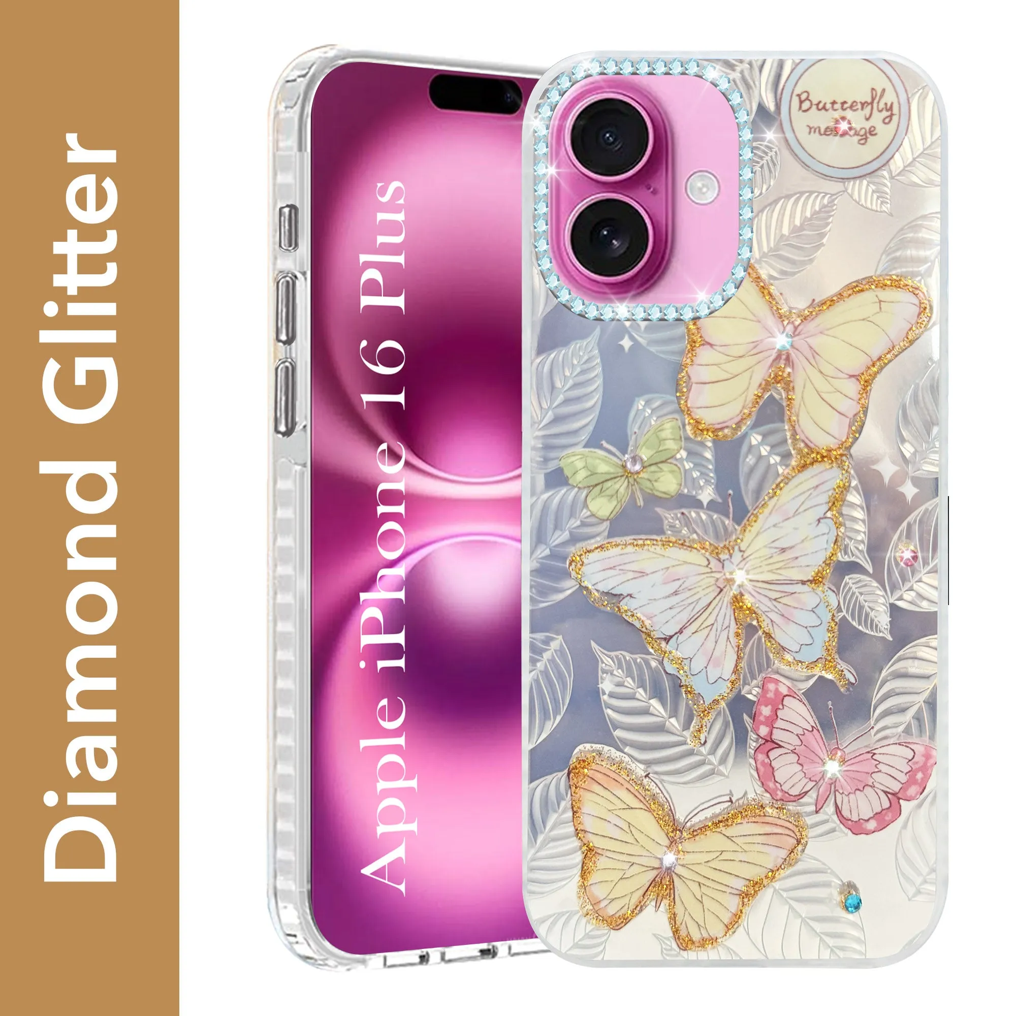 Flexible Edge Creative Design For Apple iPhone 16 Plus Back Cover Case (Luxury Floral Glitter Cute Butterfly | Diamond Studded Camera Bump | Girls & Women Design)