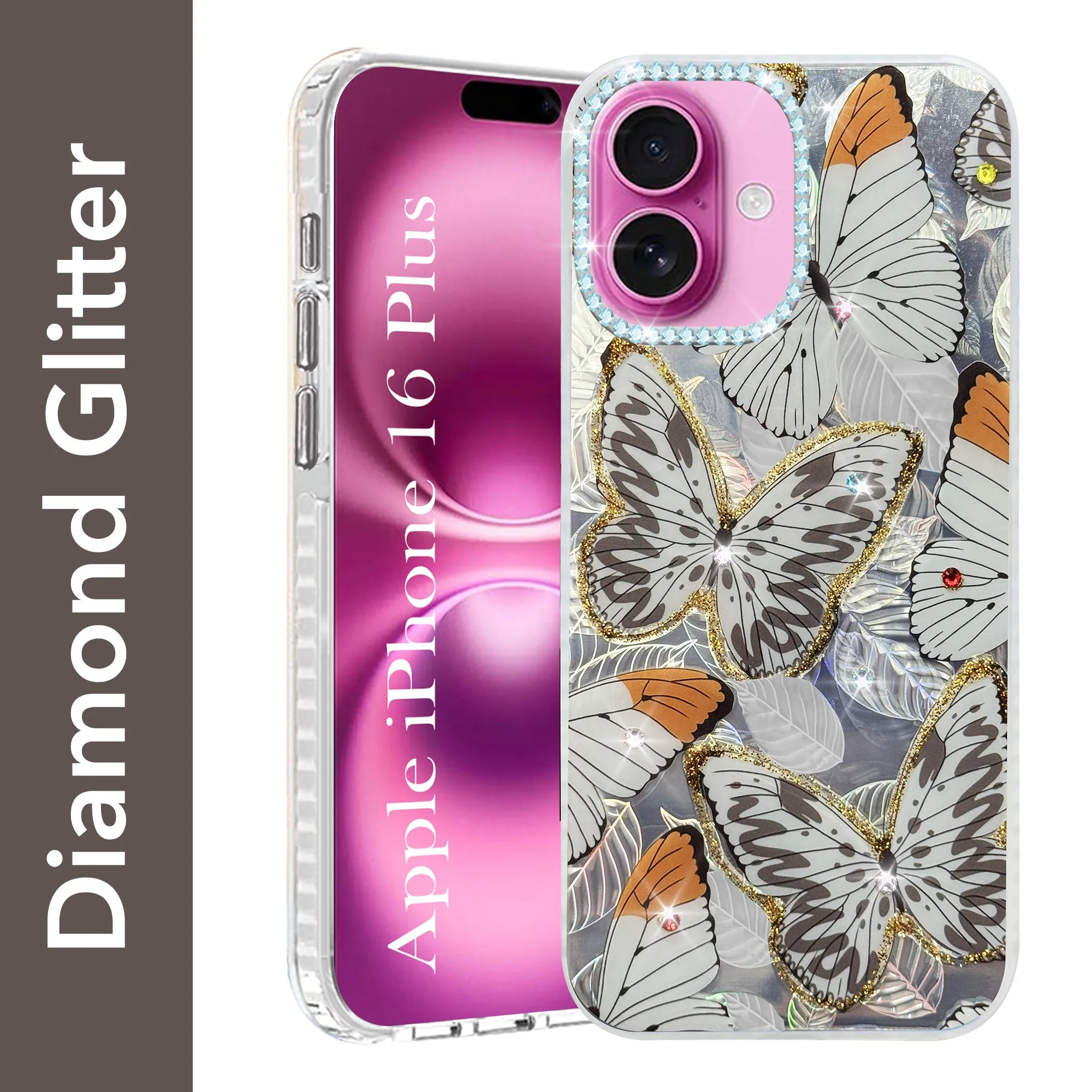 Carbon Fiber For Apple iPhone 16 Plus Back Cover Case (Luxury Floral Glitter Cute Butterfly | Diamond Studded Camera Bump | Girls & Women Design)