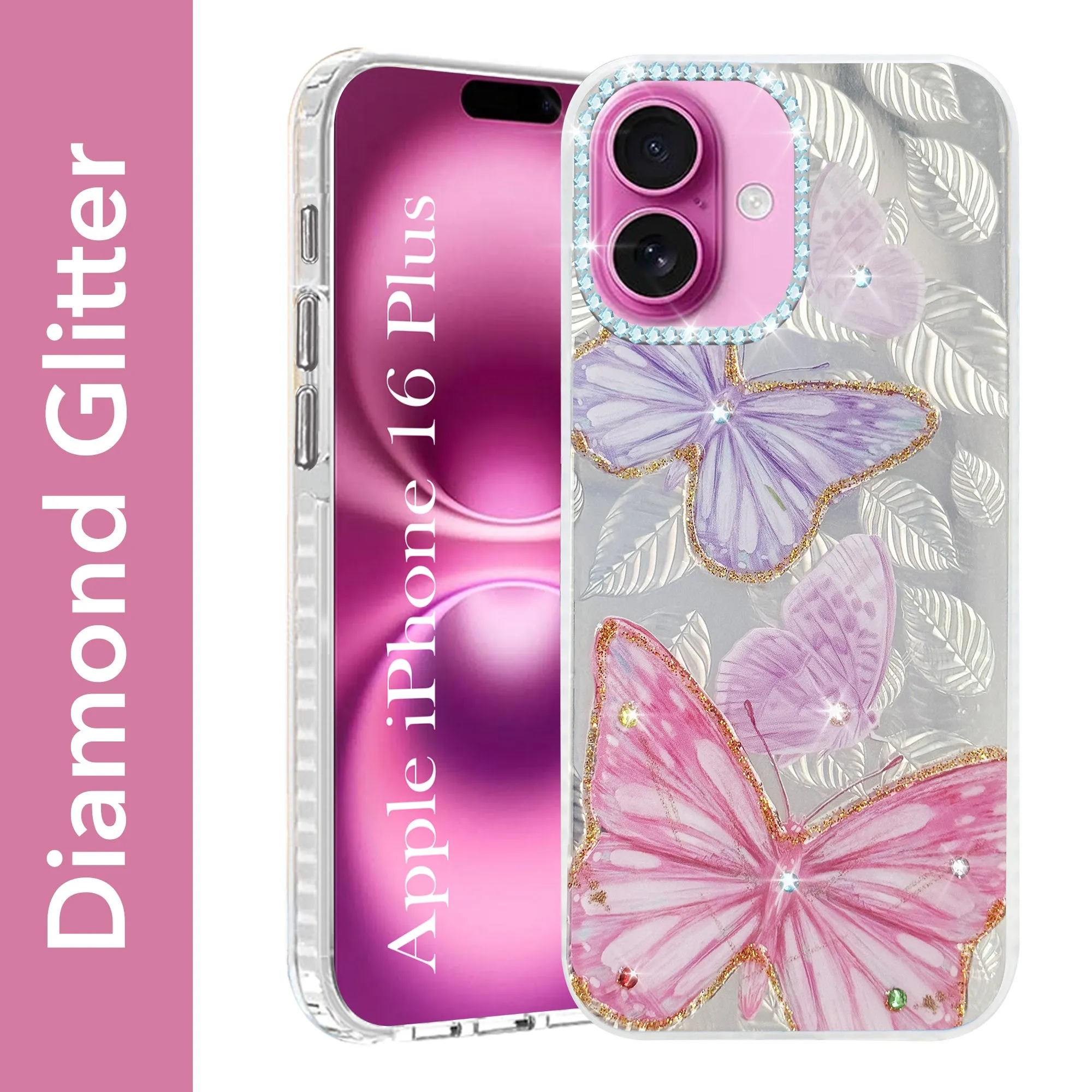 For Apple iPhone 16 Plus Back Cover Case (Luxury Floral Glitter Cute Butterfly | Diamond Studded Camera Bump | Girls & Women Design) Portable Protection