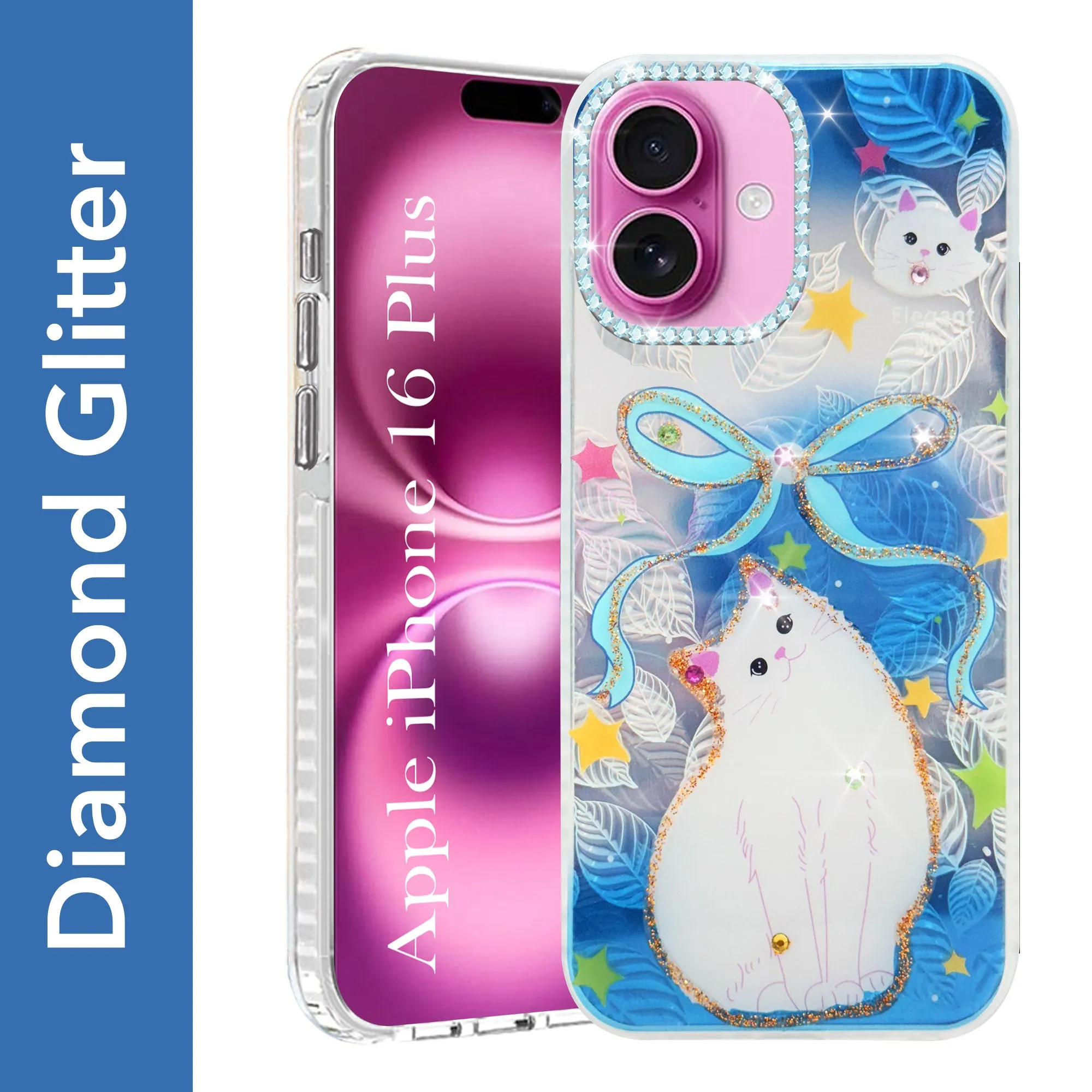 Modern Build Texture For Apple iPhone 16 Plus Back Cover Case (Luxury Floral Glitter Cute Butterfly | Diamond Studded Camera Bump | Girls & Women Design)