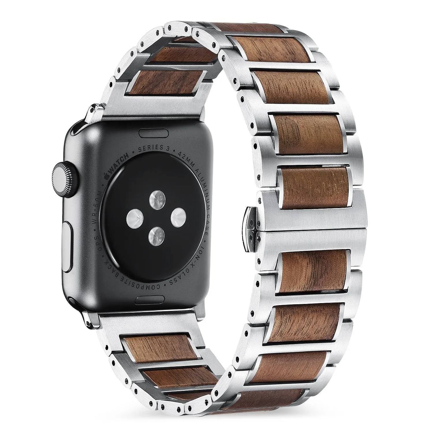 Daily Use Comfort Comfort Fit Apple Watch Steel/Wood Strap (Silver/Brown)