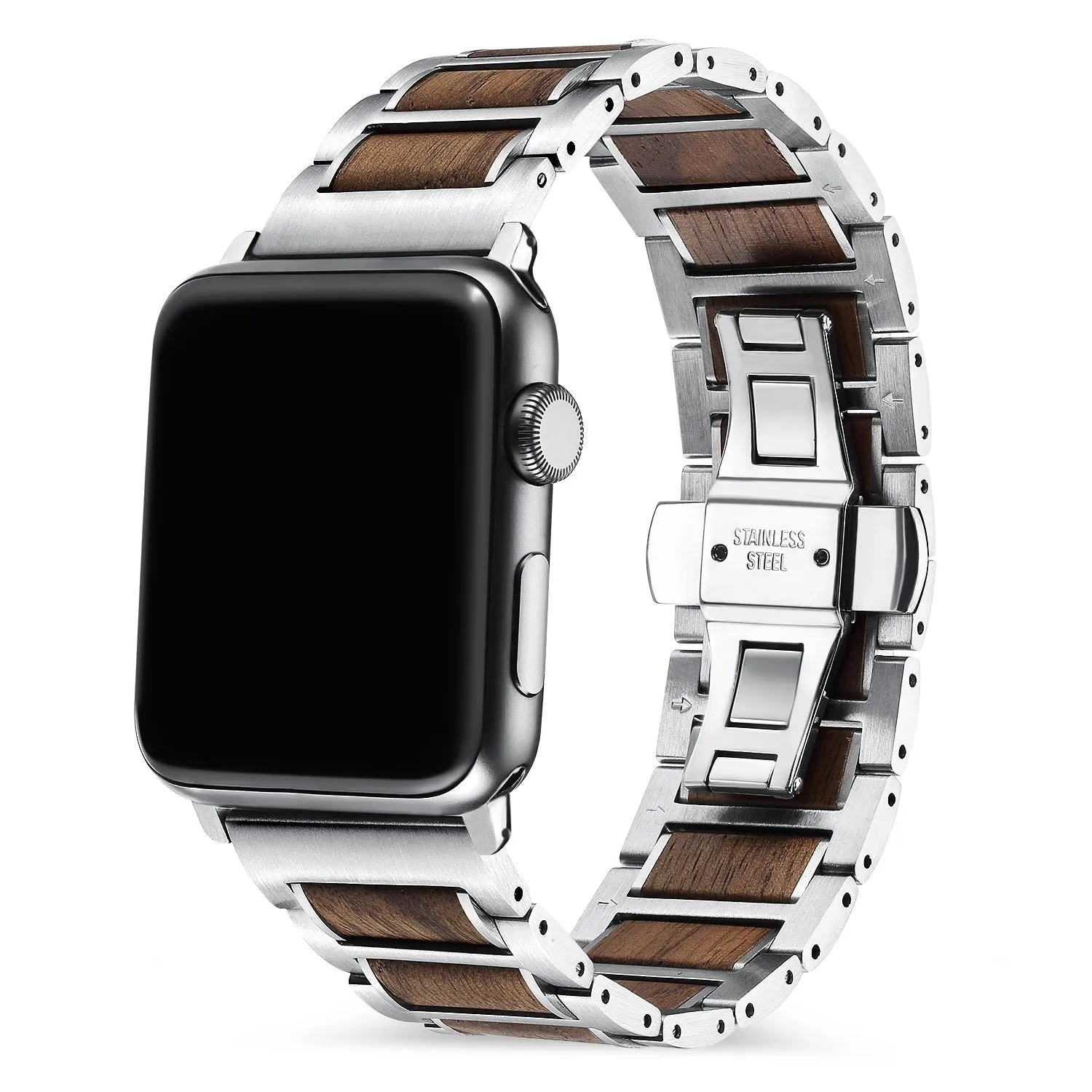 Outdoor Adventure Style Luxury Build Apple Watch Steel/Wood Strap (Silver/Brown)