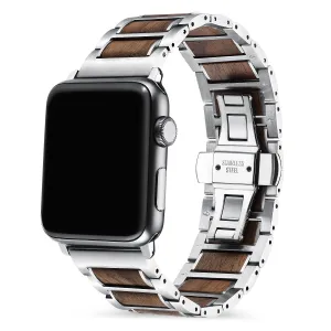 Outdoor Adventure Style Luxury Build Apple Watch Steel/Wood Strap (Silver/Brown)