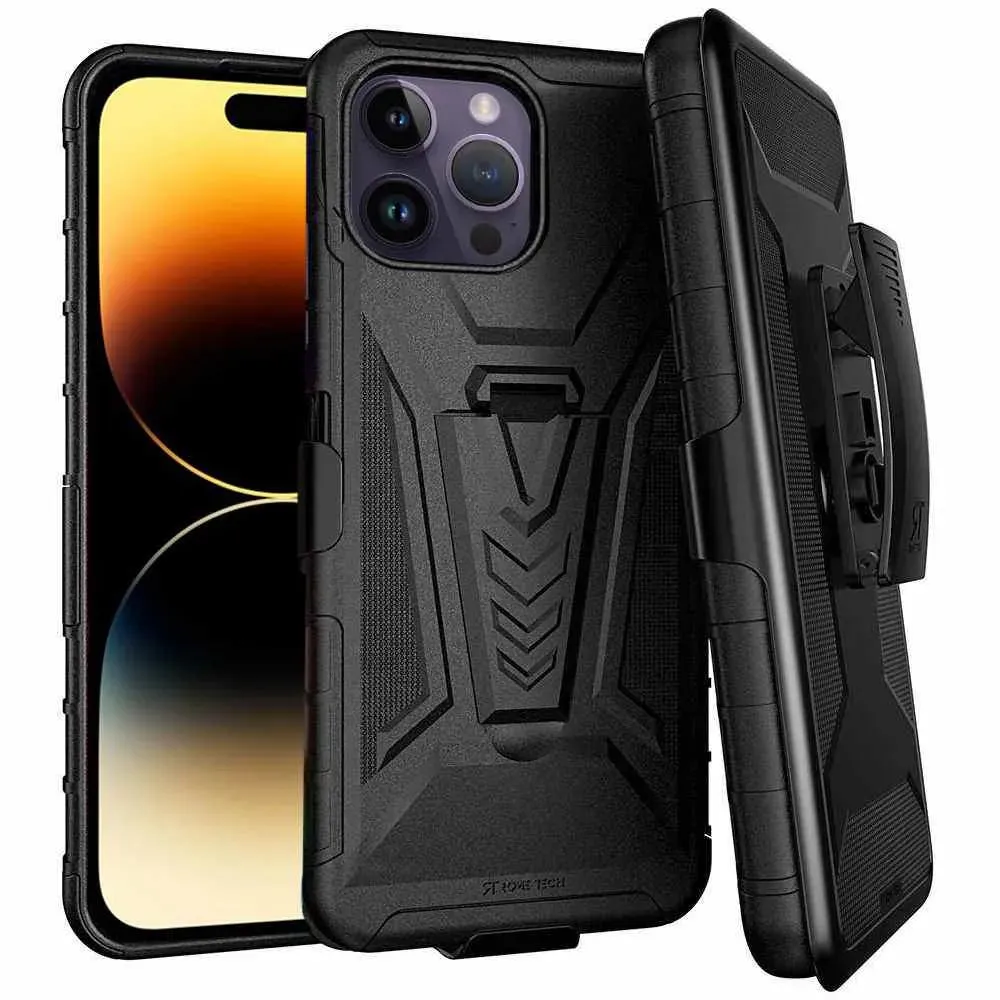 Apple iPhone 14 Pro Max Dual-Layer Holster Case with Kickstand Soft Build Texture