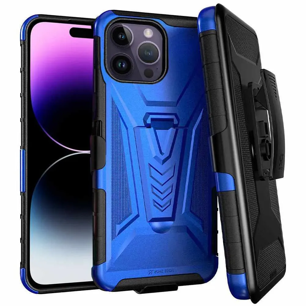 Apple iPhone 14 Pro Max Dual-Layer Holster Case with Kickstand Rugged Pattern Design