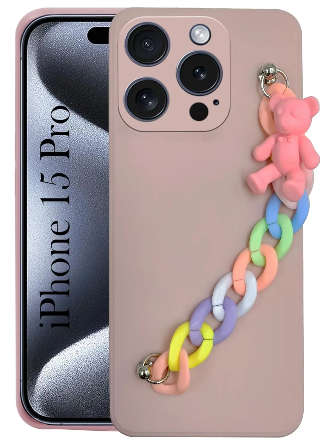 For iPhone 15 Pro Back Cover for Girls Case with Bracelet (Wrist Hanging Chain | Teddy Toy Cartoon) Anti Shock Layer Glossy Texture Layer