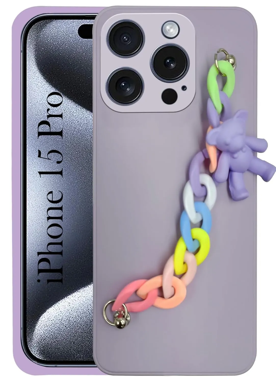 Modern Accent For iPhone 15 Pro Back Cover for Girls Case with Bracelet (Wrist Hanging Chain | Teddy Toy Cartoon)