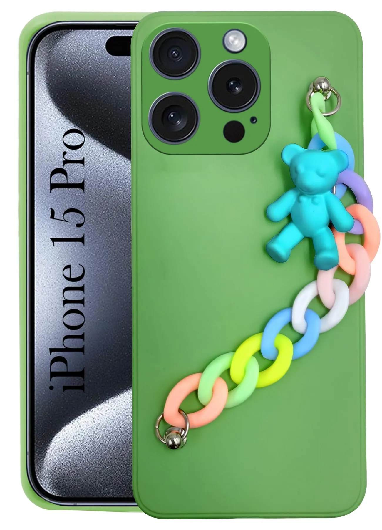For iPhone 15 Pro Back Cover for Girls Case with Bracelet (Wrist Hanging Chain | Teddy Toy Cartoon) Color Accent Hybrid Form