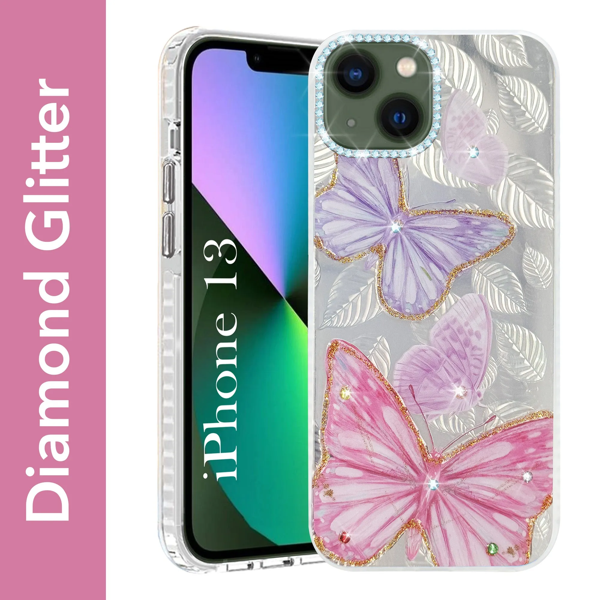 Shockproof Edge Luxury Texture Finish For Apple iPhone 13 Back Cover Case (Luxury Floral Glitter Cute Butterfly | Diamond Studded Camera Bump | Girls & Women Design)