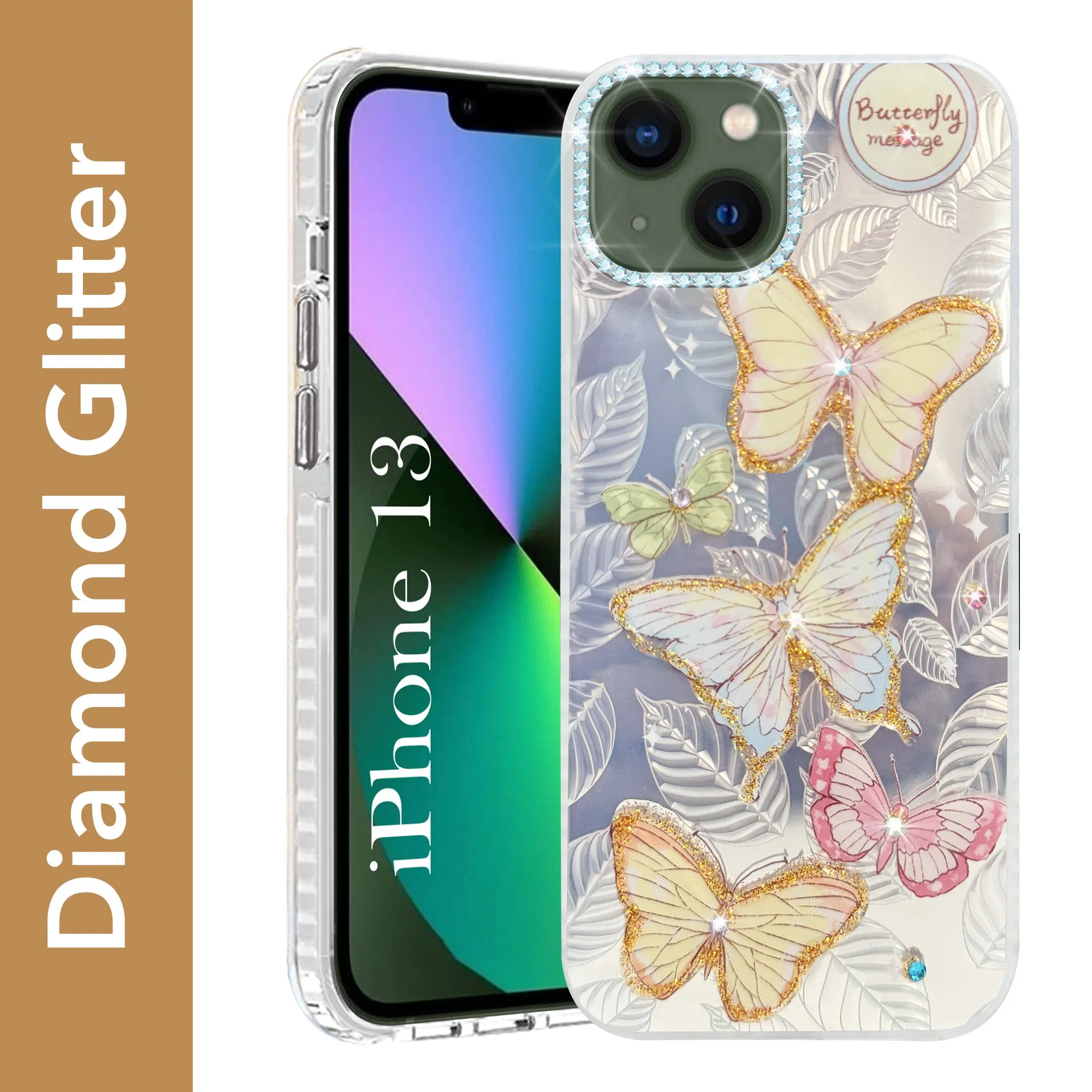 Soft Design Metal Texture For Apple iPhone 13 Back Cover Case (Luxury Floral Glitter Cute Butterfly | Diamond Studded Camera Bump | Girls & Women Design)
