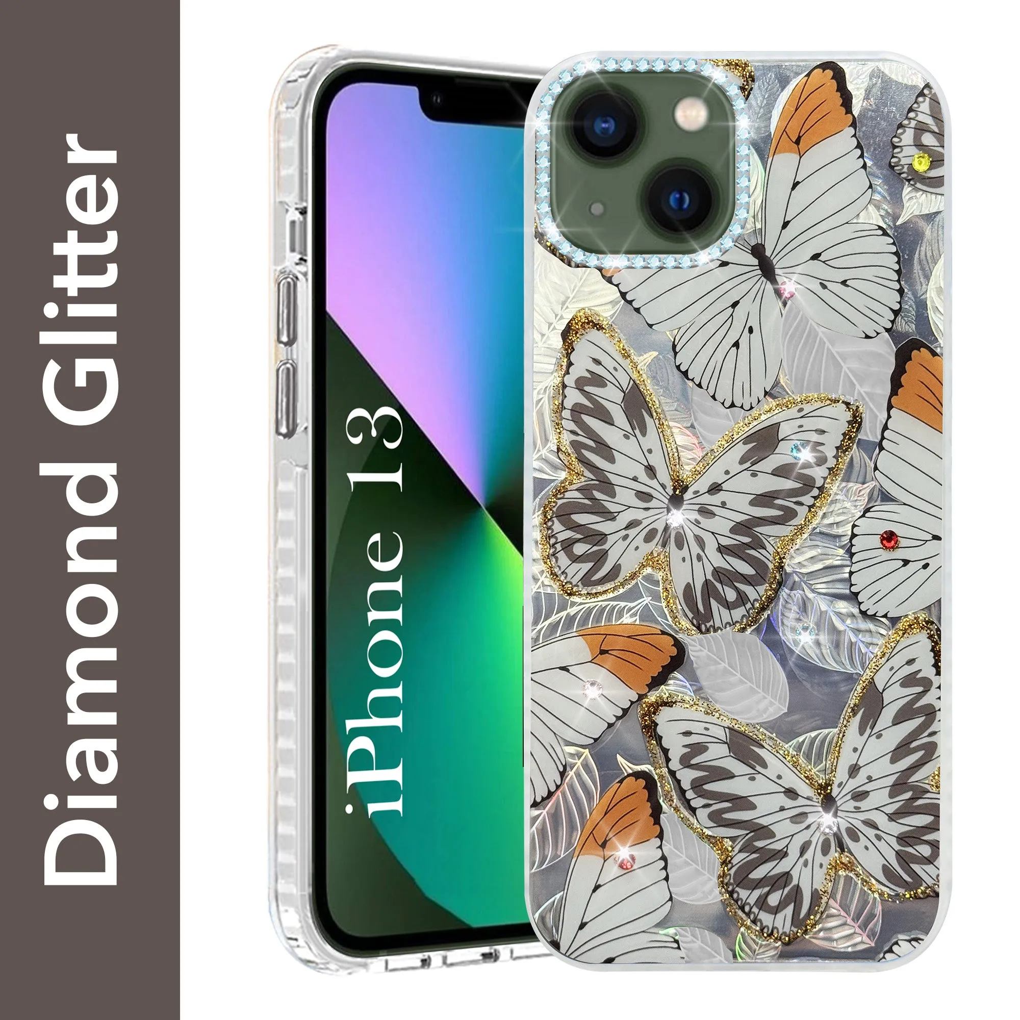 For Apple iPhone 13 Back Cover Case (Luxury Floral Glitter Cute Butterfly | Diamond Studded Camera Bump | Girls & Women Design) Scratchproof Surface