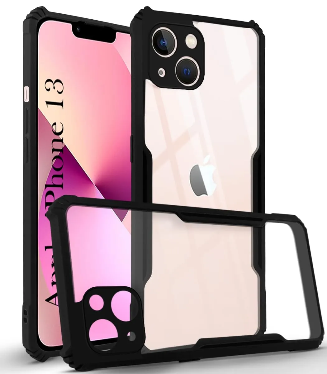 For Apple iPhone 13 Back Cover Case (Shockproof with Polycarbonate Clear Panel) Carbon Fiber Gloss Finish Design