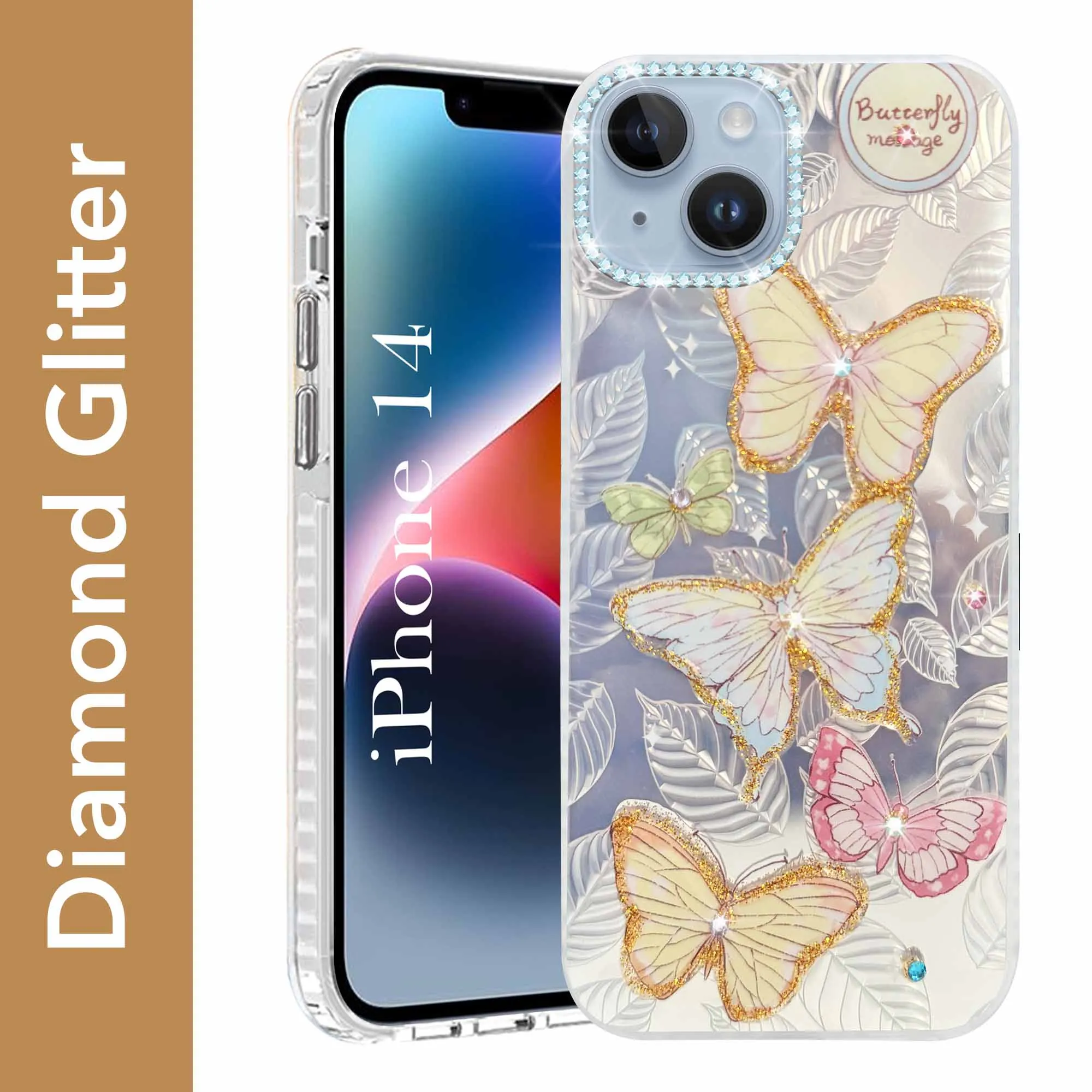 For Apple iPhone 14 Back Cover Case (Luxury Floral Glitter Cute Butterfly | Diamond Studded Camera Bump | Girls & Women Design) Premium Touch Durable touch