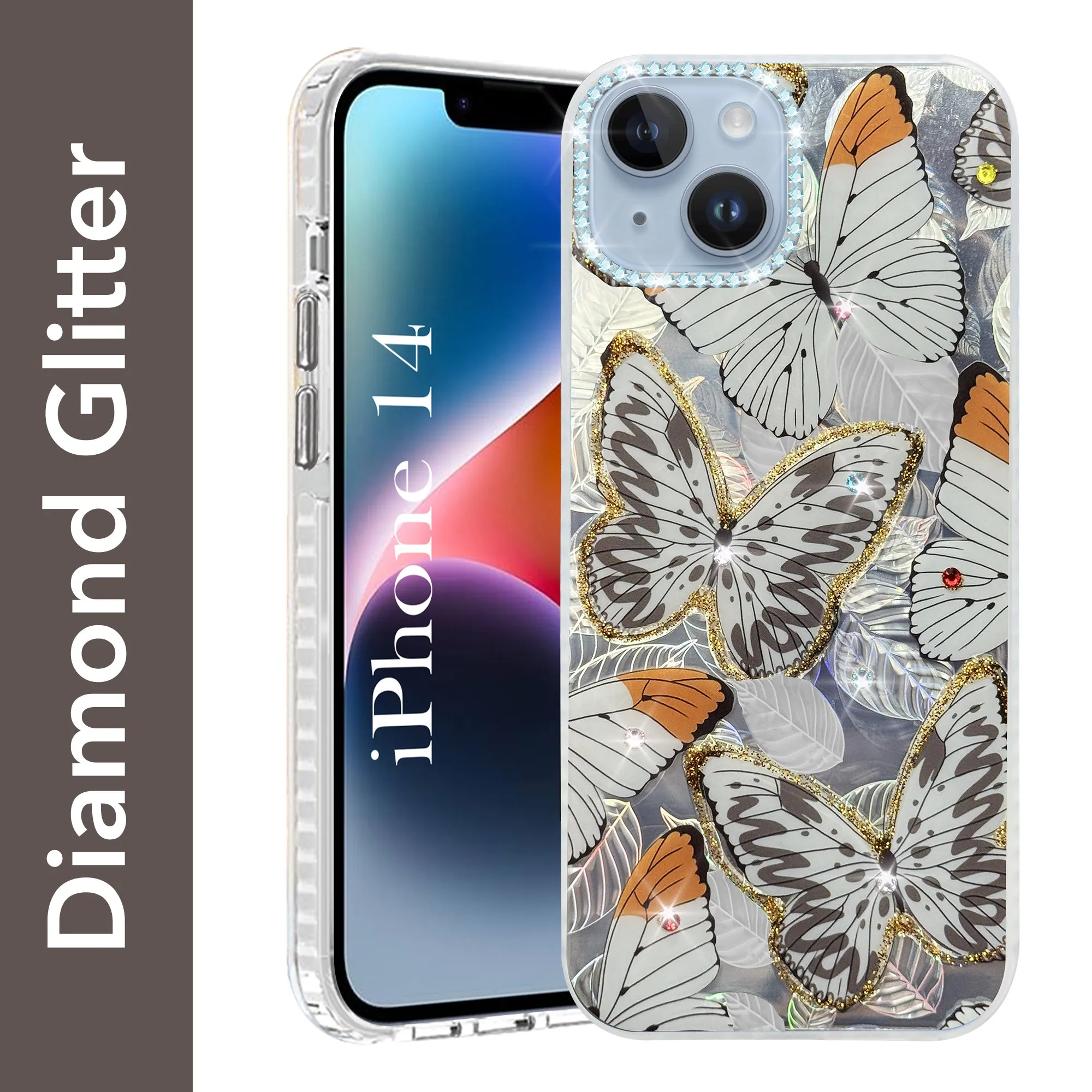 For Apple iPhone 14 Back Cover Case (Luxury Floral Glitter Cute Butterfly | Diamond Studded Camera Bump | Girls & Women Design) Sport Inspired