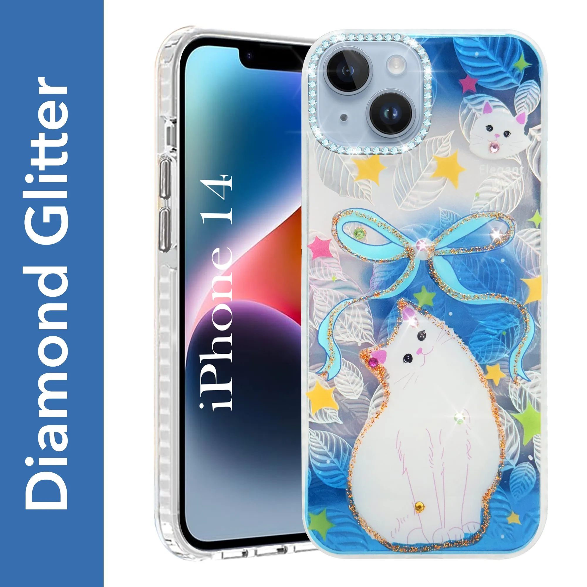 For Apple iPhone 14 Back Cover Case (Luxury Floral Glitter Cute Butterfly | Diamond Studded Camera Bump | Girls & Women Design) Durable Build