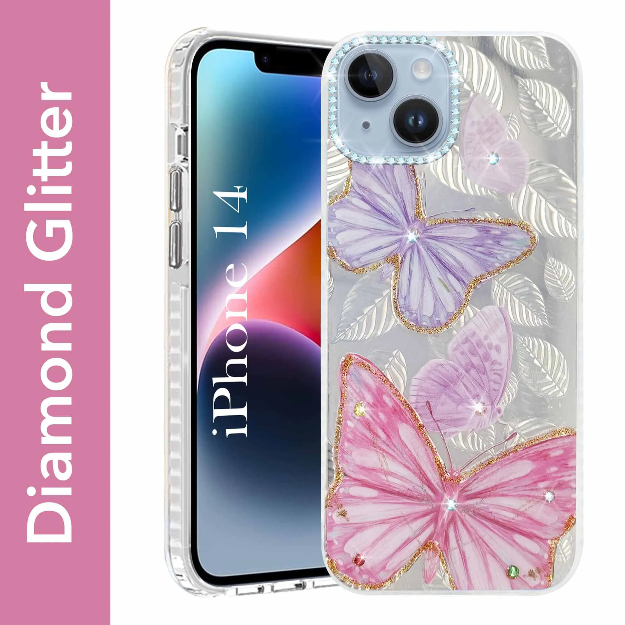 Shock Absorber Elegant Edge For Apple iPhone 14 Back Cover Case (Luxury Floral Glitter Cute Butterfly | Diamond Studded Camera Bump | Girls & Women Design)