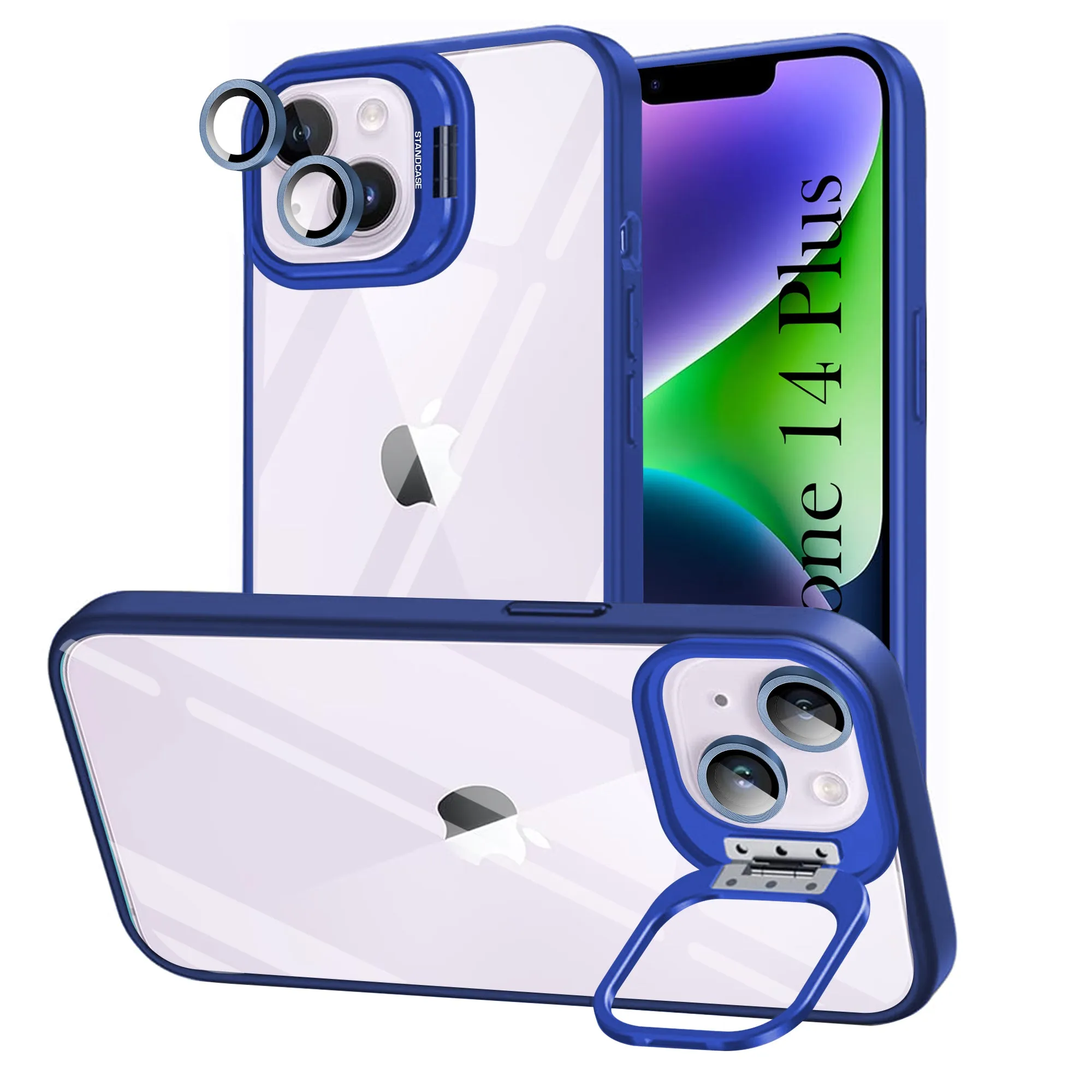 For Apple iPhone 14 Plus Back Cover Case (Camera Lens Glass | Metal Stand Holder | Shockproof Hybrid | Anti Yellow |) Portable Layer