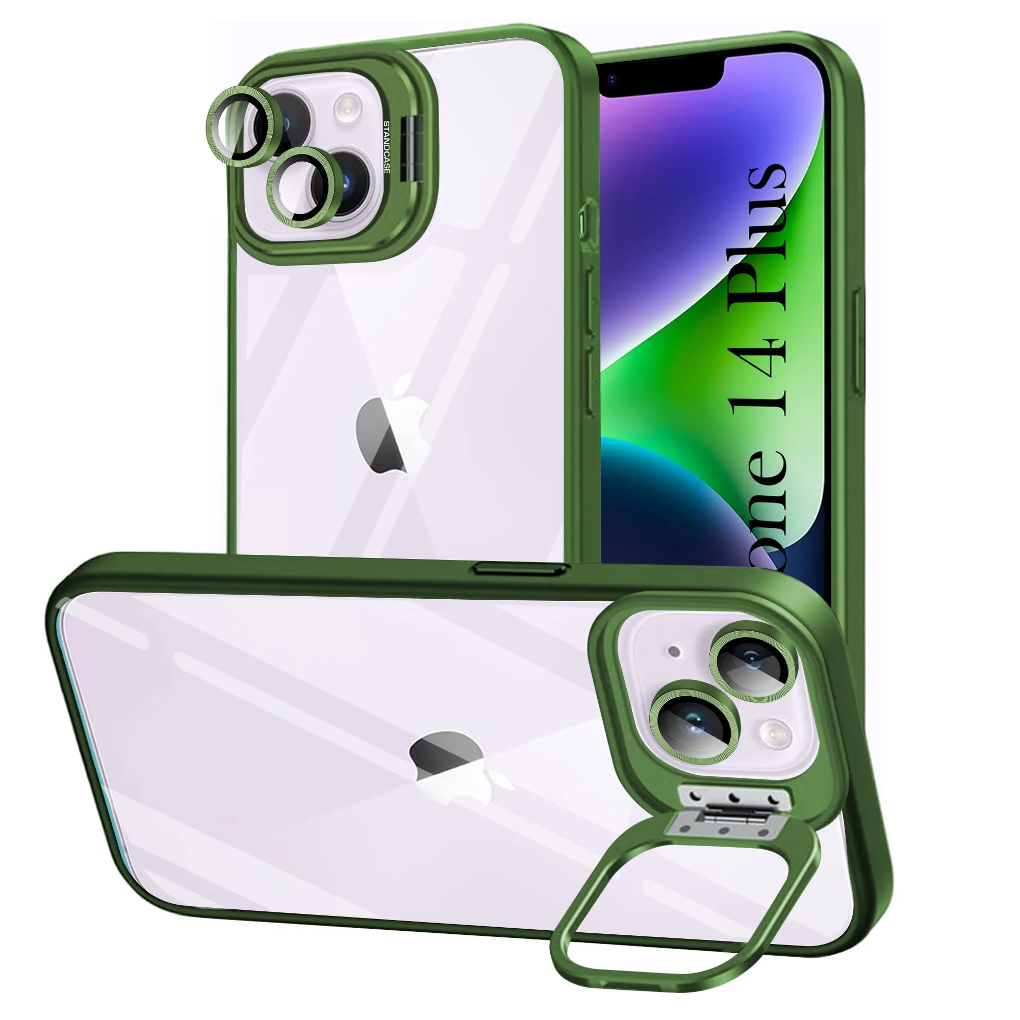 Flexible Touch For Apple iPhone 14 Plus Back Cover Case (Camera Lens Glass | Metal Stand Holder | Shockproof Hybrid | Anti Yellow |)