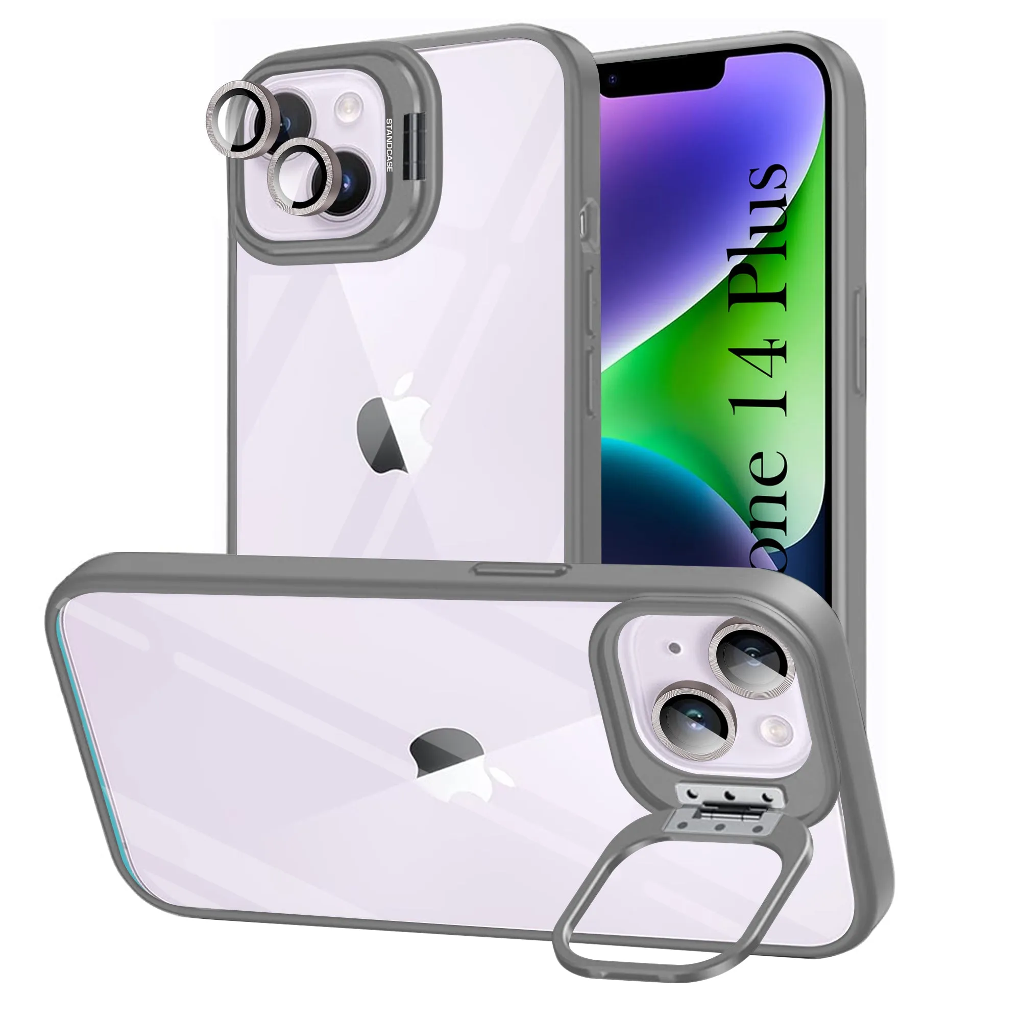 For Apple iPhone 14 Plus Back Cover Case (Camera Lens Glass | Metal Stand Holder | Shockproof Hybrid | Anti Yellow |) Hybrid Shield Lightweight Build Quality