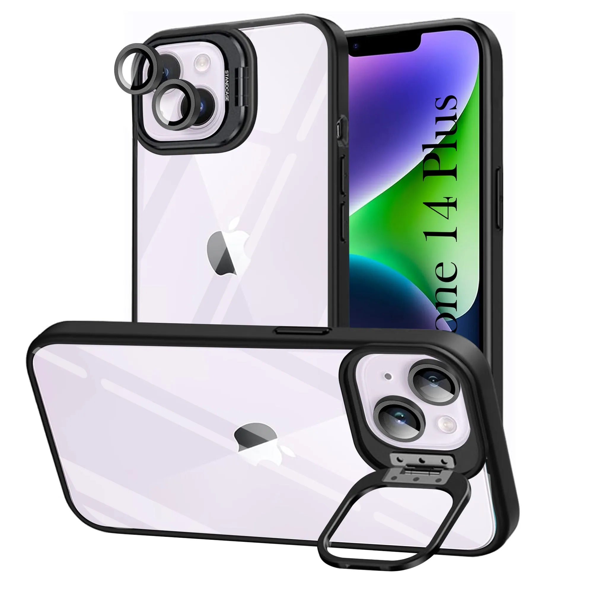 For Apple iPhone 14 Plus Back Cover Case (Camera Lens Glass | Metal Stand Holder | Shockproof Hybrid | Anti Yellow |) Travel Essential Practical Accessory