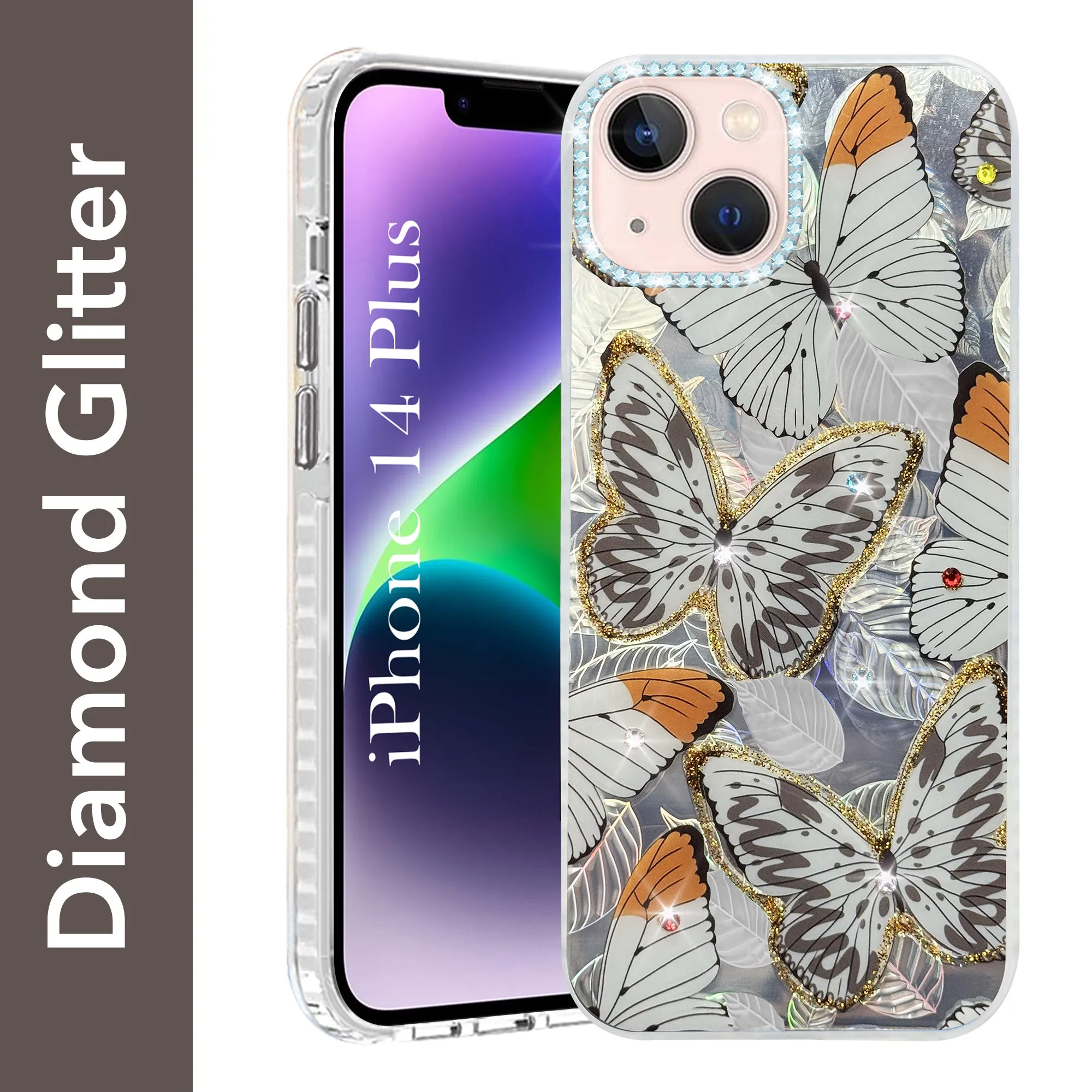 For Apple iPhone 14 Plus Back Cover Case (Luxury Floral Glitter Cute Butterfly | Diamond Studded Camera Bump | Girls & Women Design) Matte Guard Eco Friendly