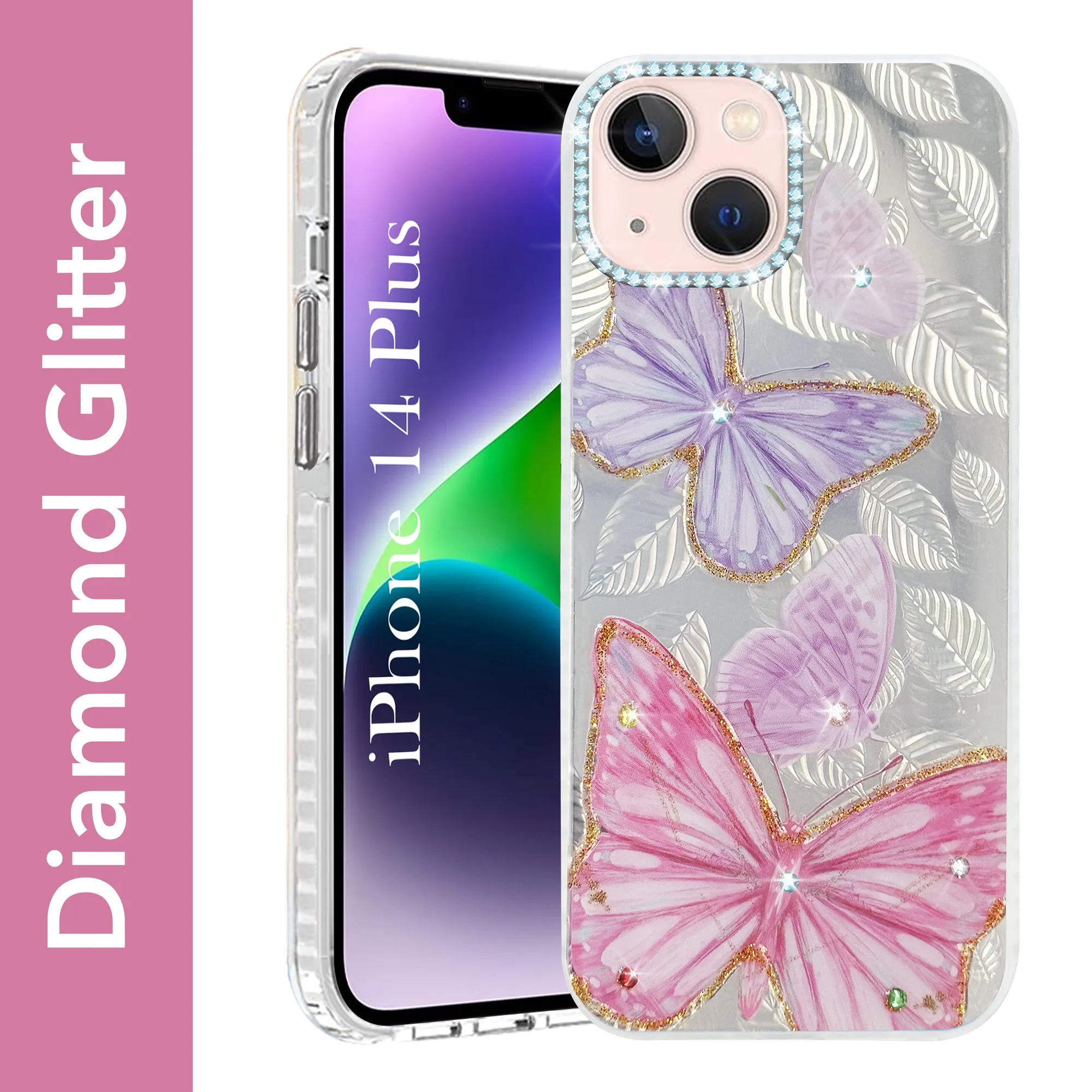Fashionable Texture Minimal Shield For Apple iPhone 14 Plus Back Cover Case (Luxury Floral Glitter Cute Butterfly | Diamond Studded Camera Bump | Girls & Women Design)