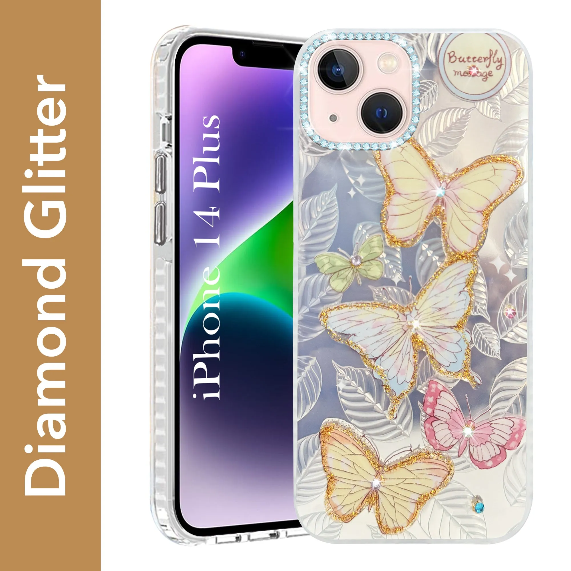 Rugged Design Soft Shield For Apple iPhone 14 Plus Back Cover Case (Luxury Floral Glitter Cute Butterfly | Diamond Studded Camera Bump | Girls & Women Design)