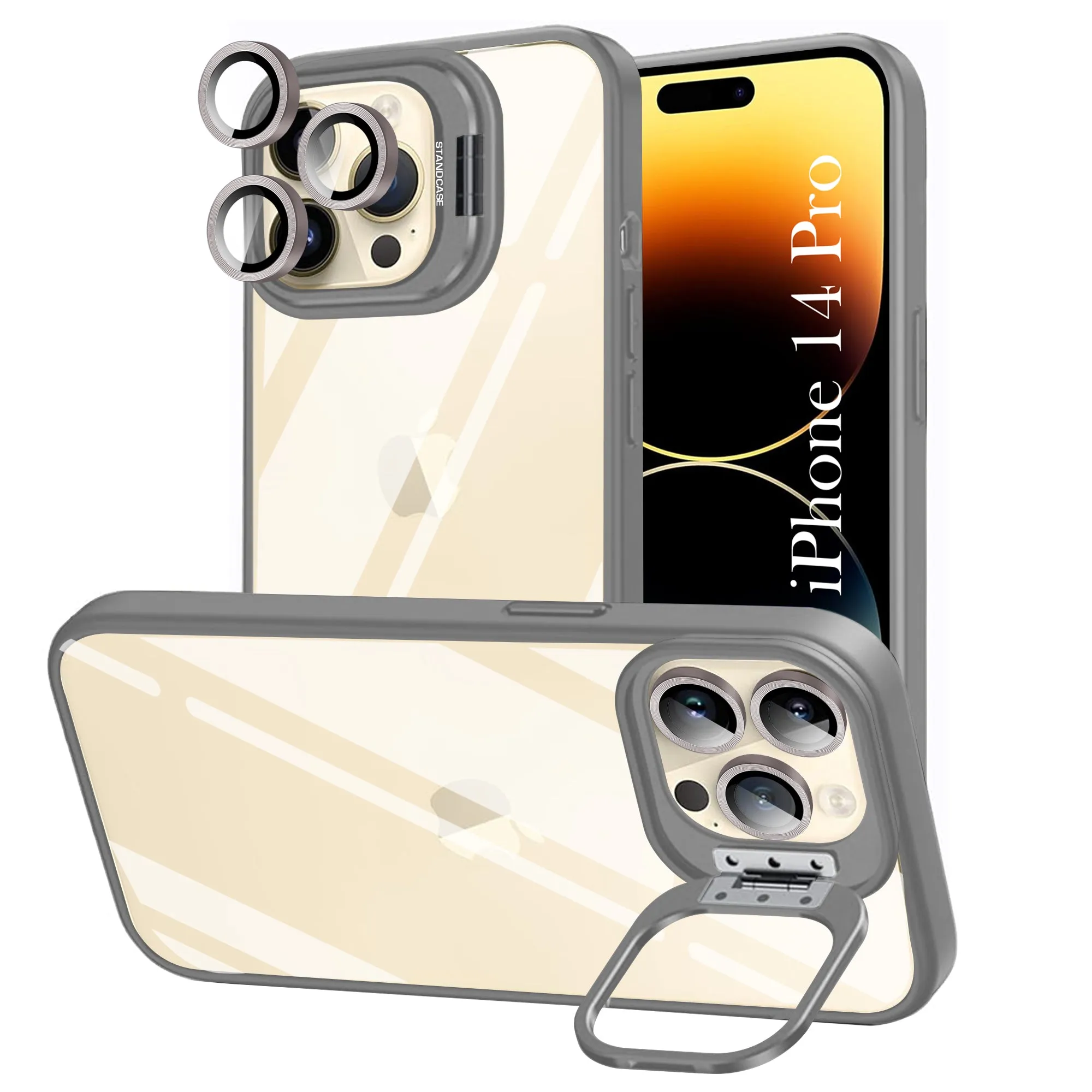 Matte Build For Apple iPhone 14 Pro Back Cover Case (Camera Lens Glass | Metal Stand Holder | Shockproof Hybrid | Anti Yellow |)