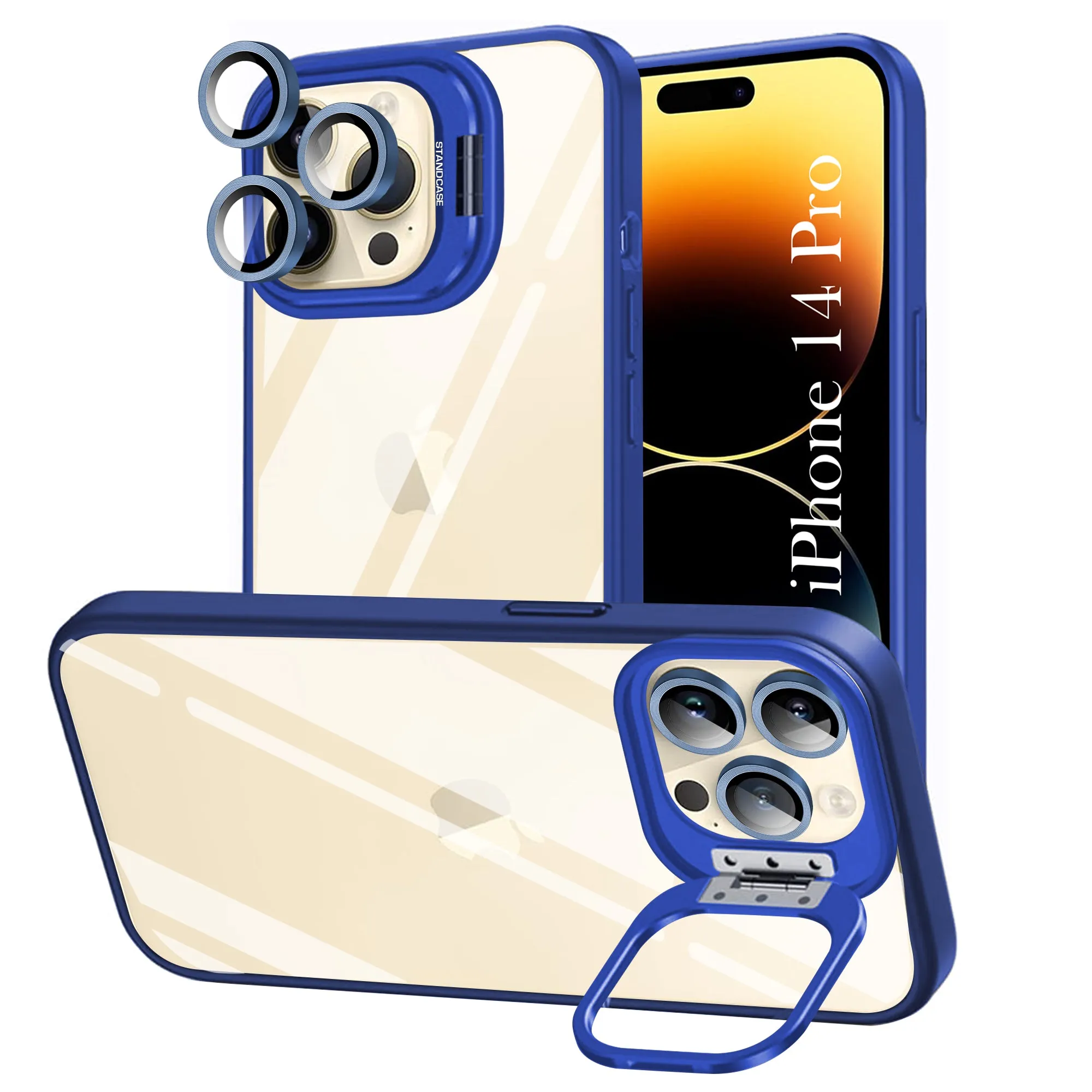 Rugged Surface Comfort Finish Layer For Apple iPhone 14 Pro Back Cover Case (Camera Lens Glass | Metal Stand Holder | Shockproof Hybrid | Anti Yellow |)