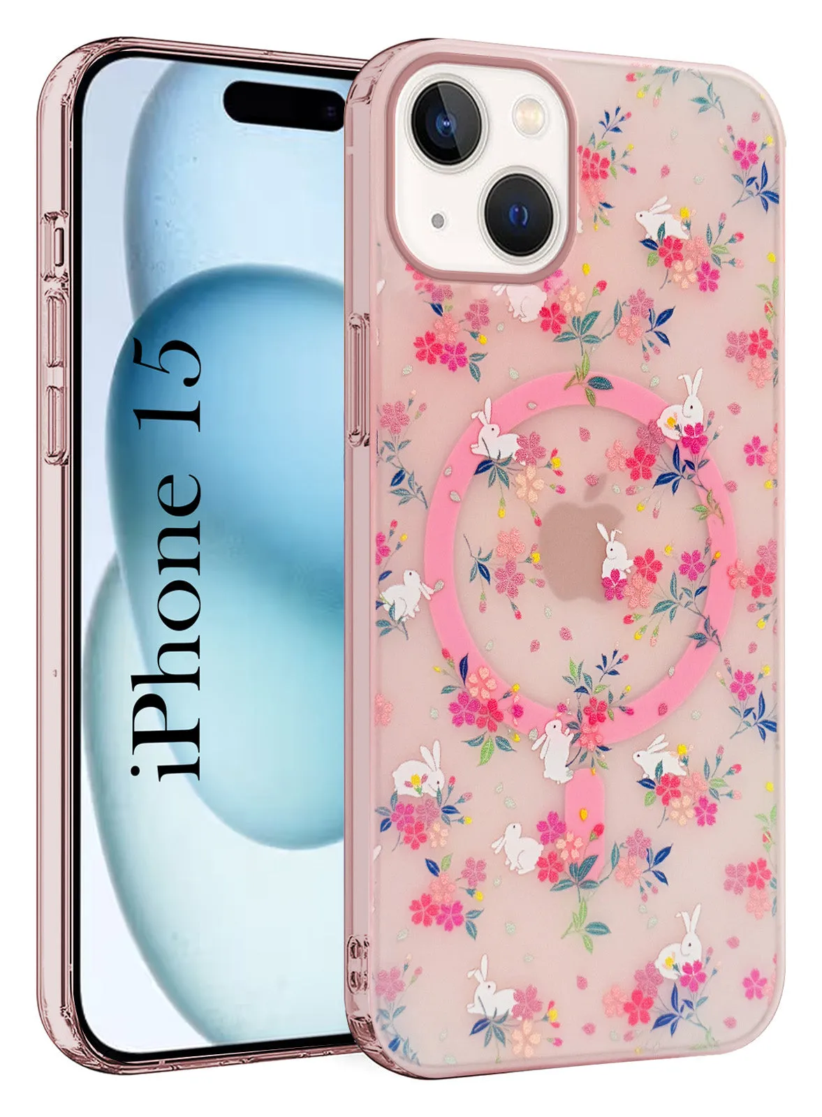 Portable Case Soft Surface Layer For Apple iPhone 15 Back Cover Case (Cute Floral Design | Flower Print for Girls | MagSafe Compatible Wireless Charging)