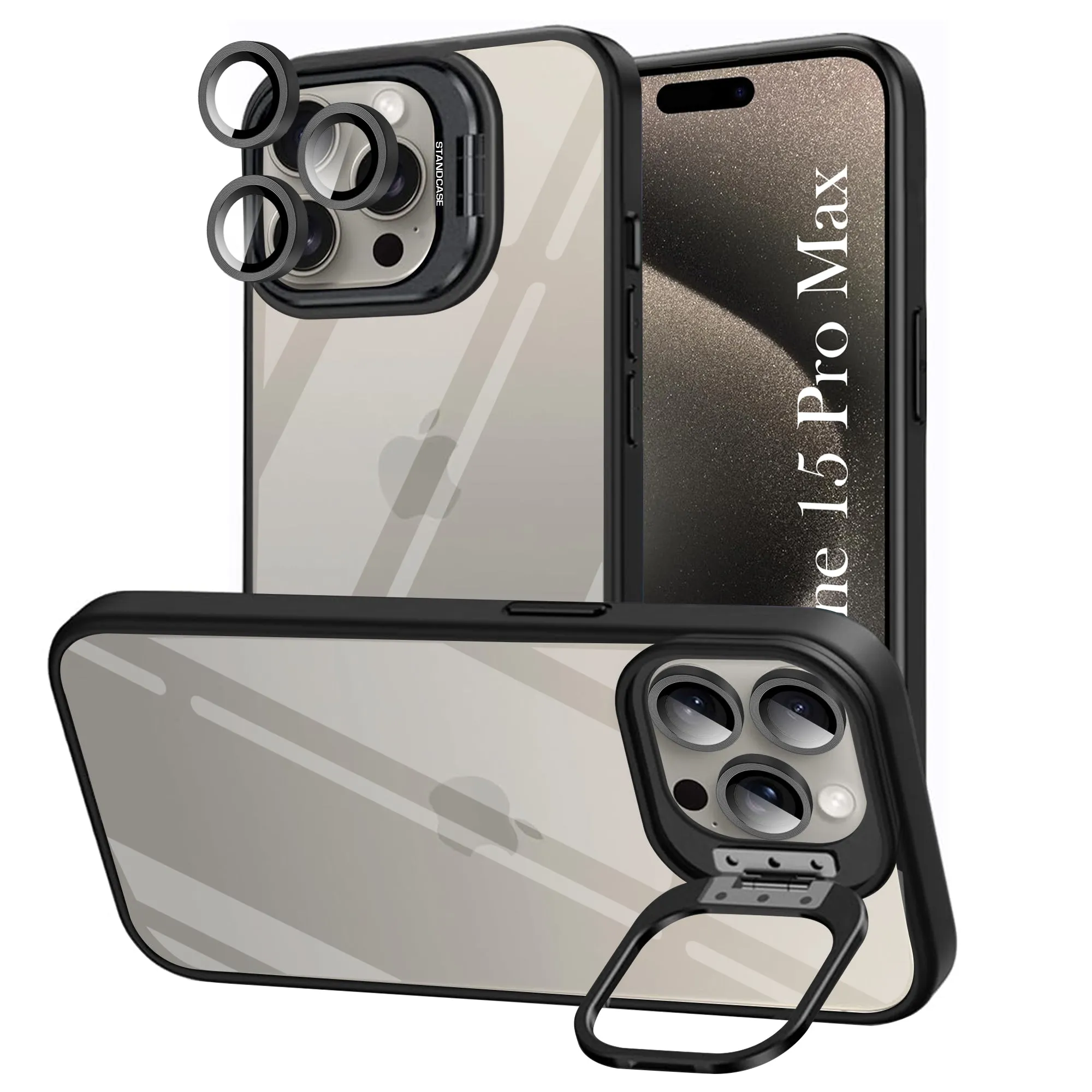 For Apple iPhone 15 Pro Max Back Cover Case (Camera Lens Glass | Metal Stand Holder | Shockproof Hybrid | Anti Yellow |) Textured Finish Flexible Detail