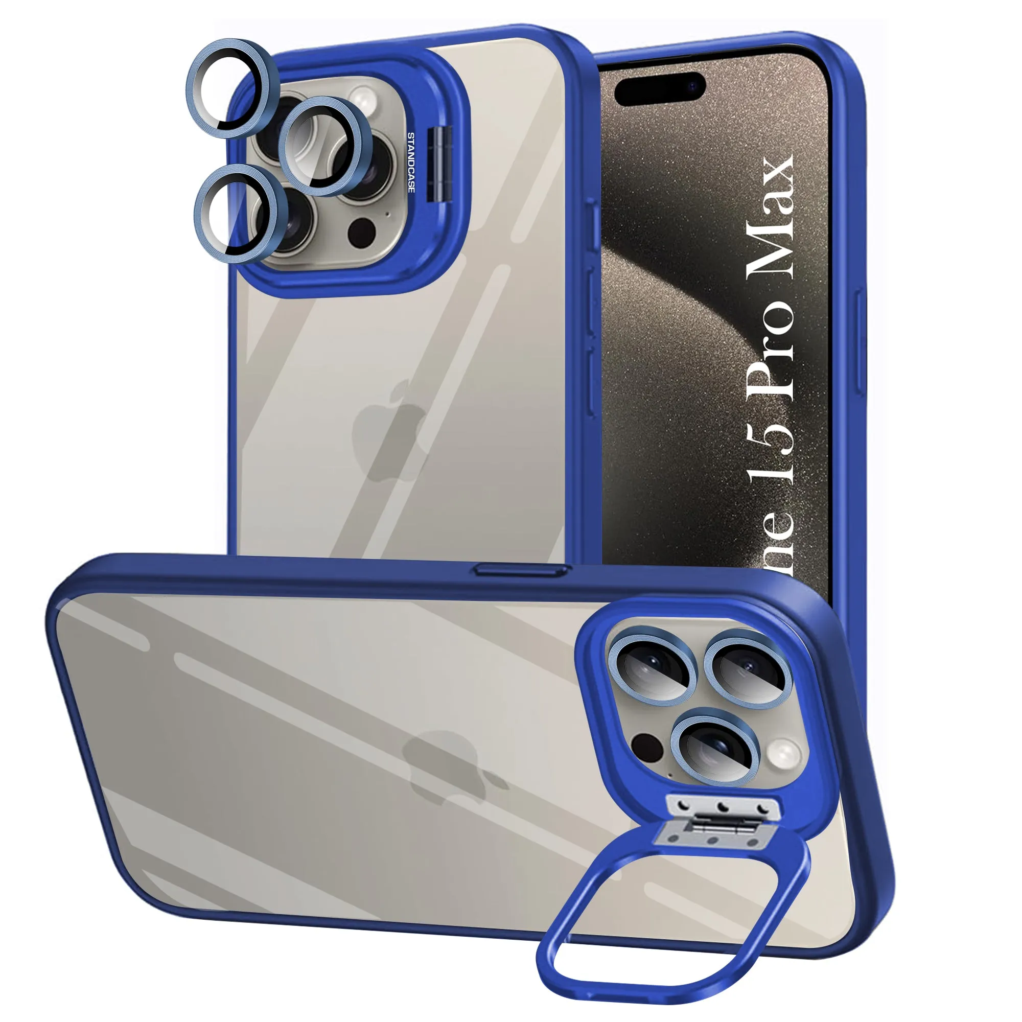 For Apple iPhone 15 Pro Max Back Cover Case (Camera Lens Glass | Metal Stand Holder | Shockproof Hybrid | Anti Yellow |) Wireless Compatible Shock shield