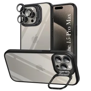 For Apple iPhone 15 Pro Max Back Cover Case (Camera Lens Glass | Metal Stand Holder | Shockproof Hybrid | Anti Yellow |) Textured Finish Flexible Detail