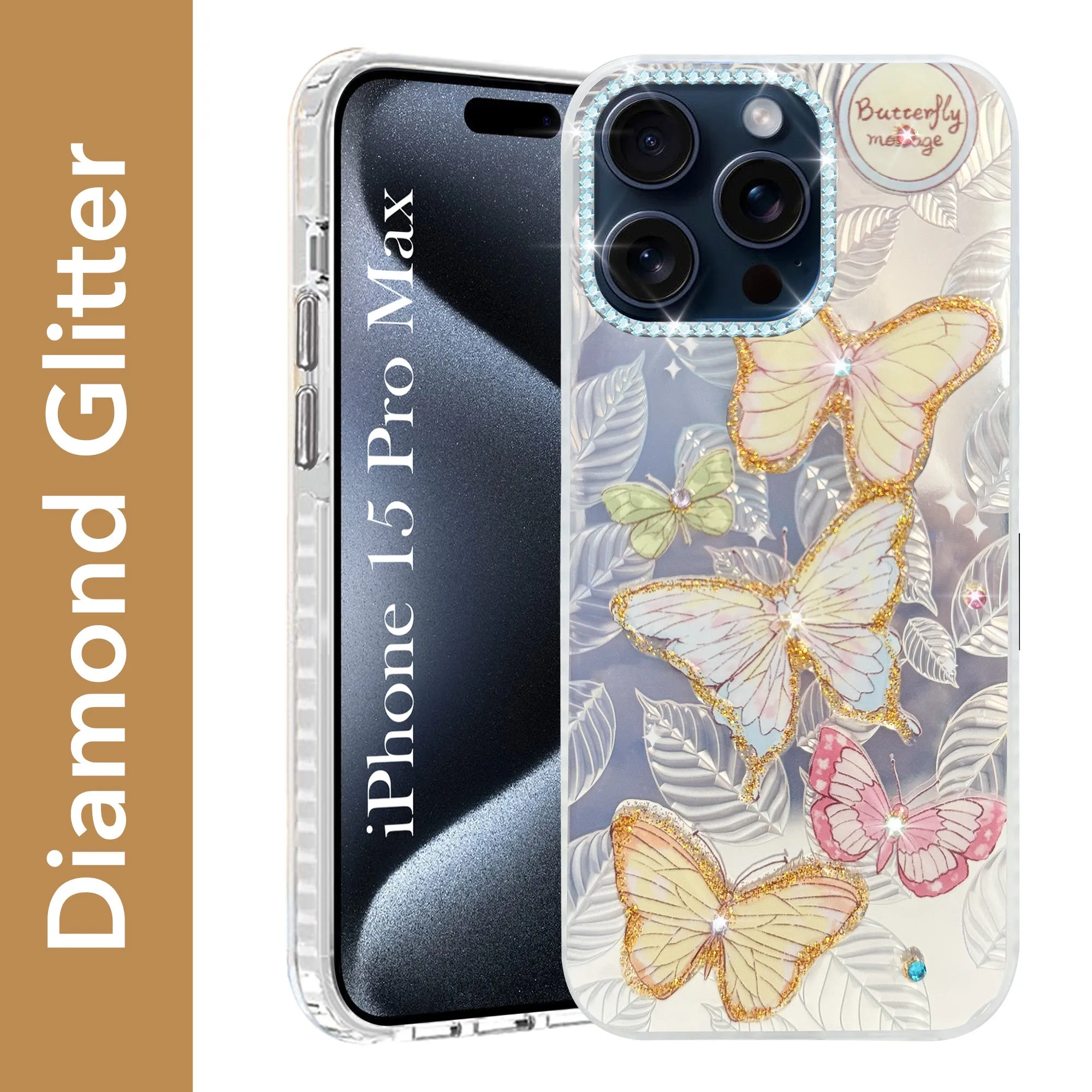 For Apple iPhone 15 Pro Max Back Cover Case (Luxury Floral Glitter Cute Butterfly | Diamond Studded Camera Bump | Girls & Women Design) Non Slip Surface