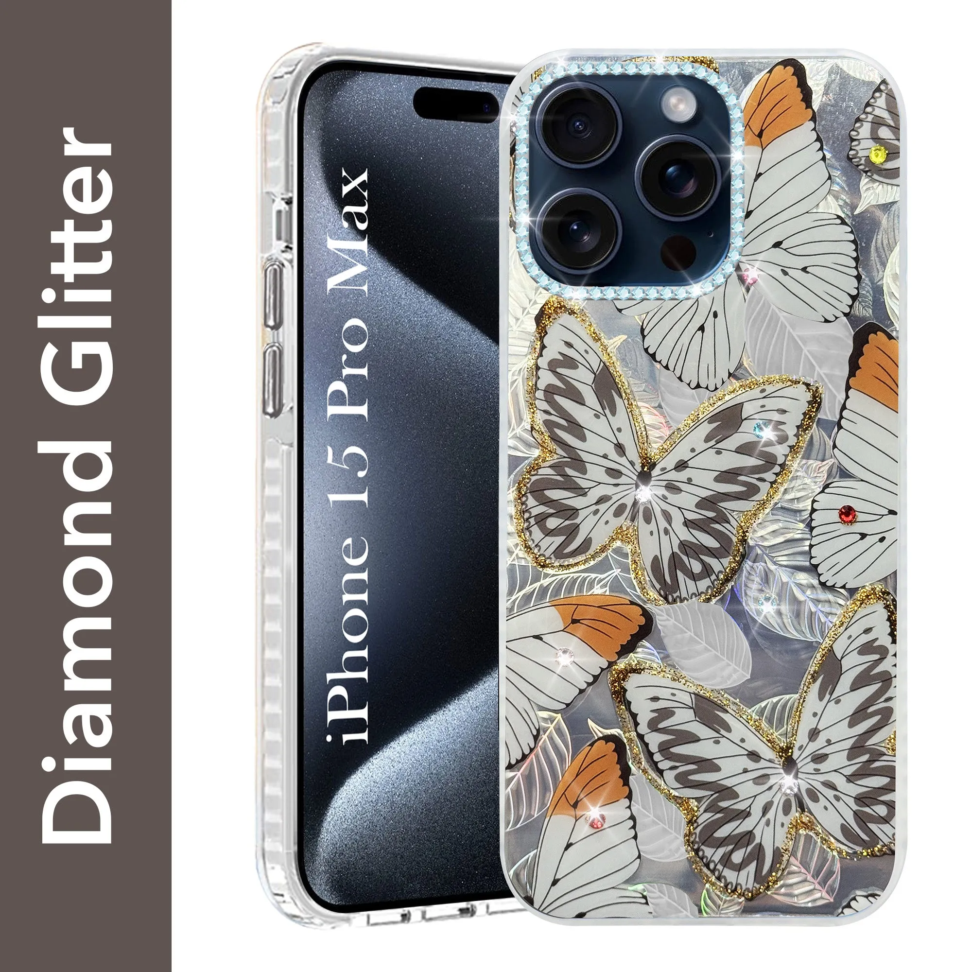 For Apple iPhone 15 Pro Max Back Cover Case (Luxury Floral Glitter Cute Butterfly | Diamond Studded Camera Bump | Girls & Women Design) Luxury Detail