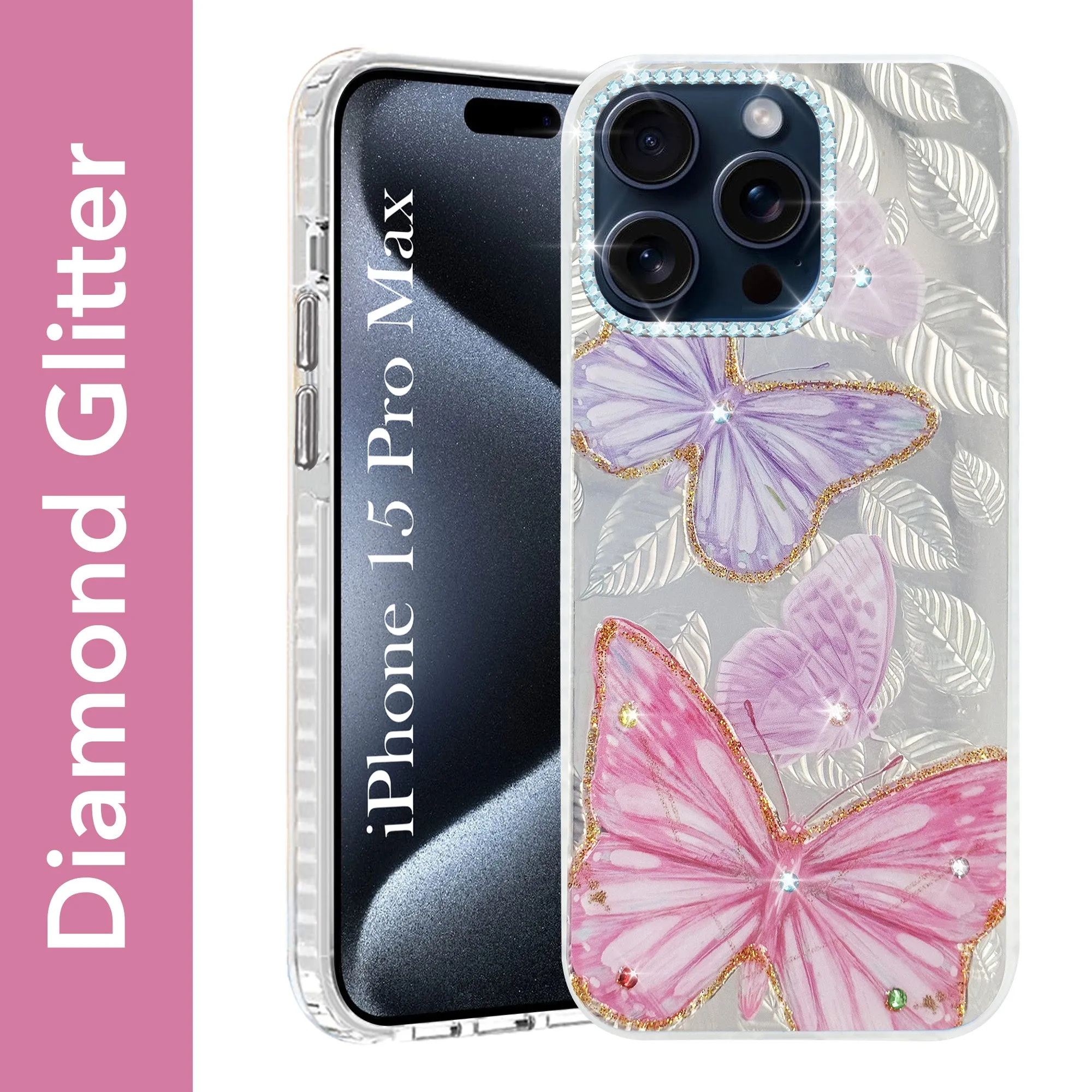 Protective Form For Apple iPhone 15 Pro Max Back Cover Case (Luxury Floral Glitter Cute Butterfly | Diamond Studded Camera Bump | Girls & Women Design)