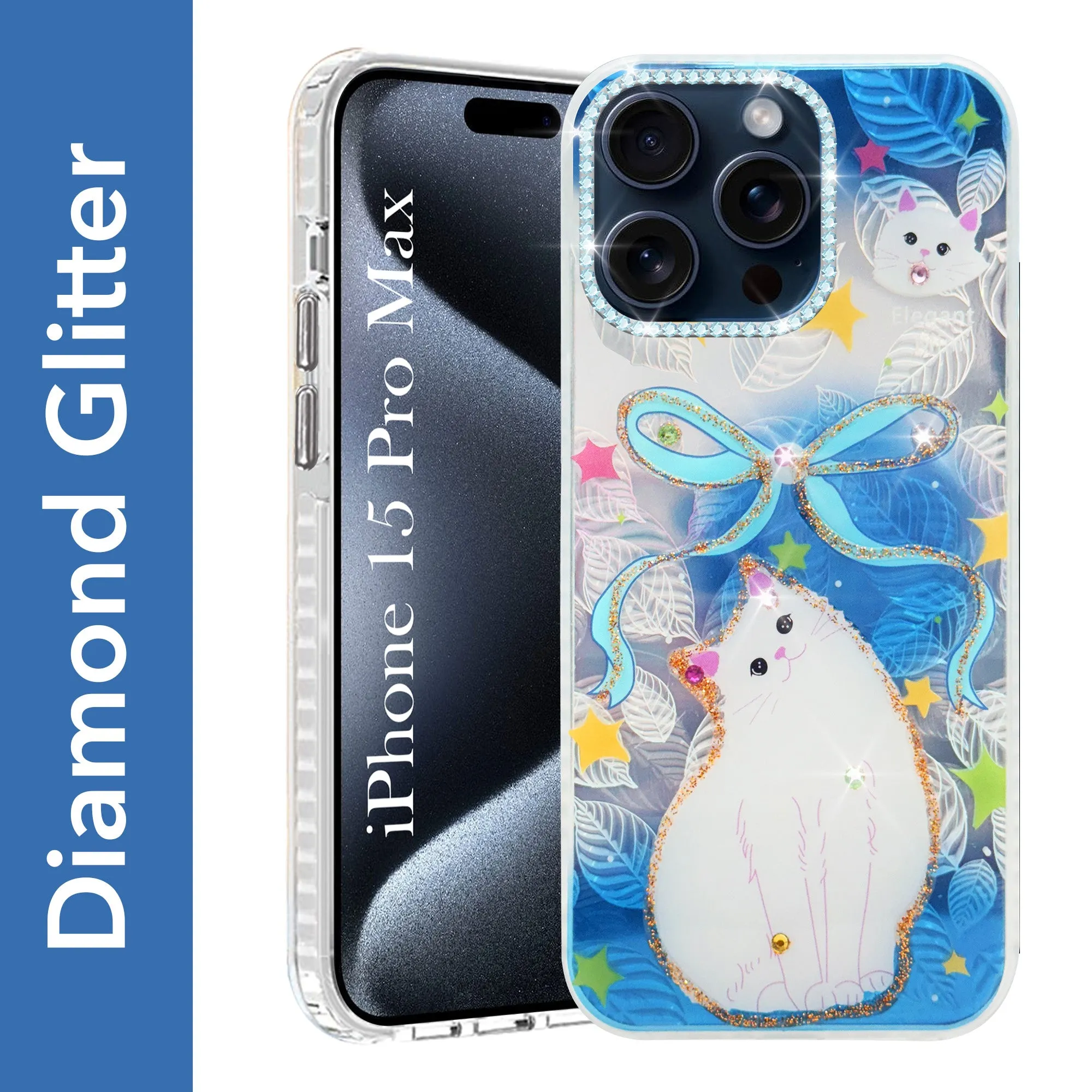 For Apple iPhone 15 Pro Max Back Cover Case (Luxury Floral Glitter Cute Butterfly | Diamond Studded Camera Bump | Girls & Women Design) Stylish Surface Design Minimal Style