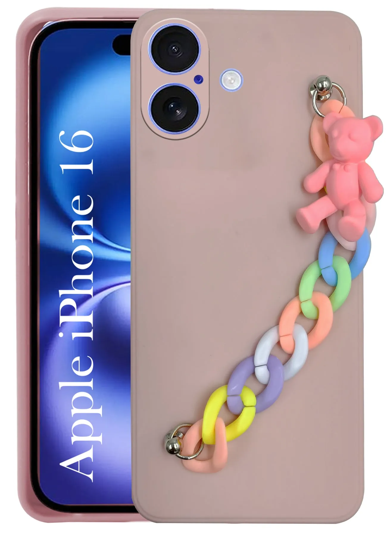 For Apple iPhone 16 Girls Case Cover with Bracelet (Wrist Hanging Chain | Teddy Toy Cartoon) Durable Design Texture Polished Texture